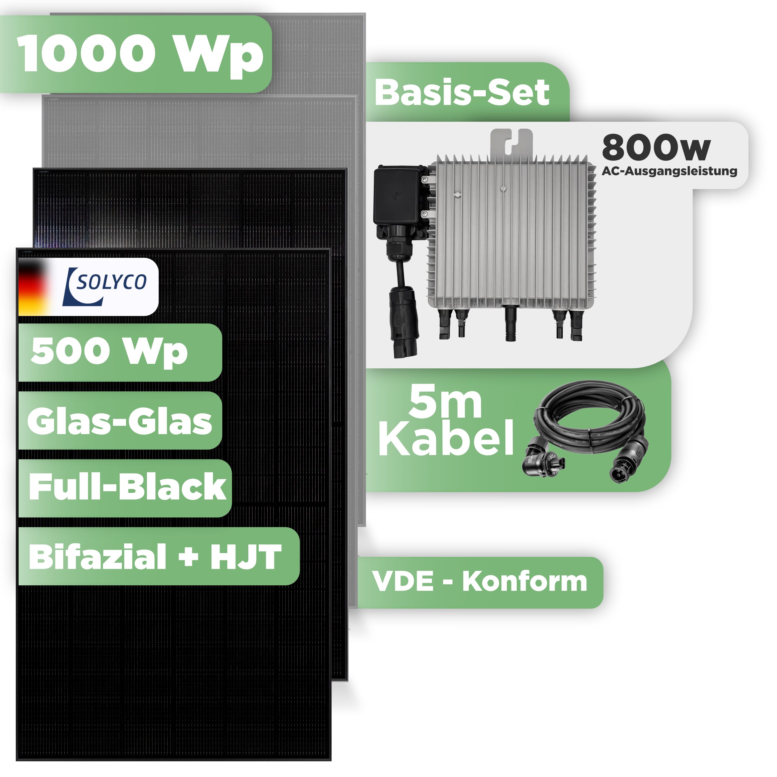 Balkonkraftwerk Basic Set 1000 Wp Solyco 500 Wp Glas-Glas Fullblack-Modul Bifazial / 2 Module / Deye 800 W / Wieland Stecker