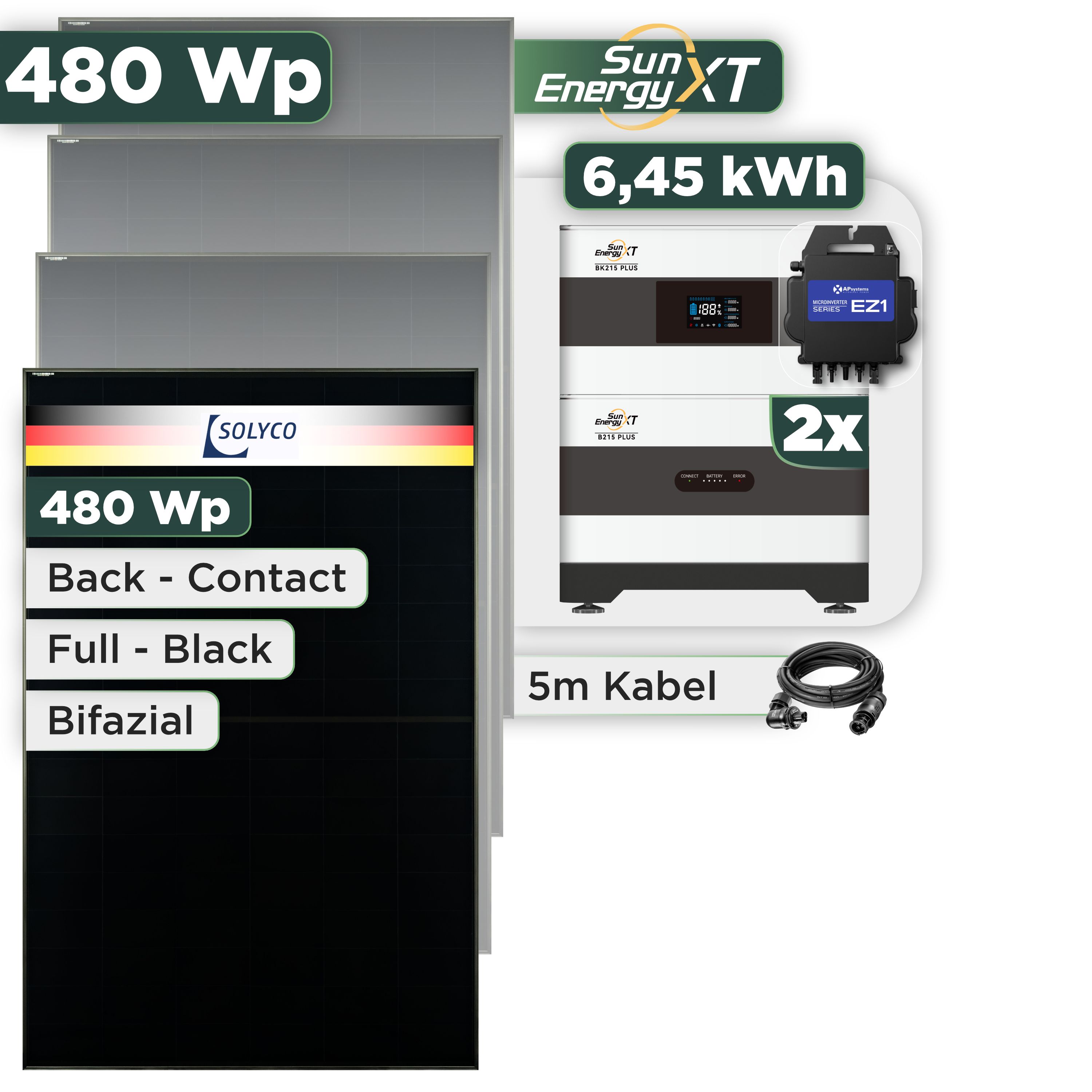 Balkonkraftwerk Set 480 Wp SunEnergyXT Plus / 6,45 kWh / Solyco 480 Wp Glas-Glas Fullblack Back Contact Modul / 1 Modul / APSystems EZ1-M (bis 800 W) / Wieland Stecker