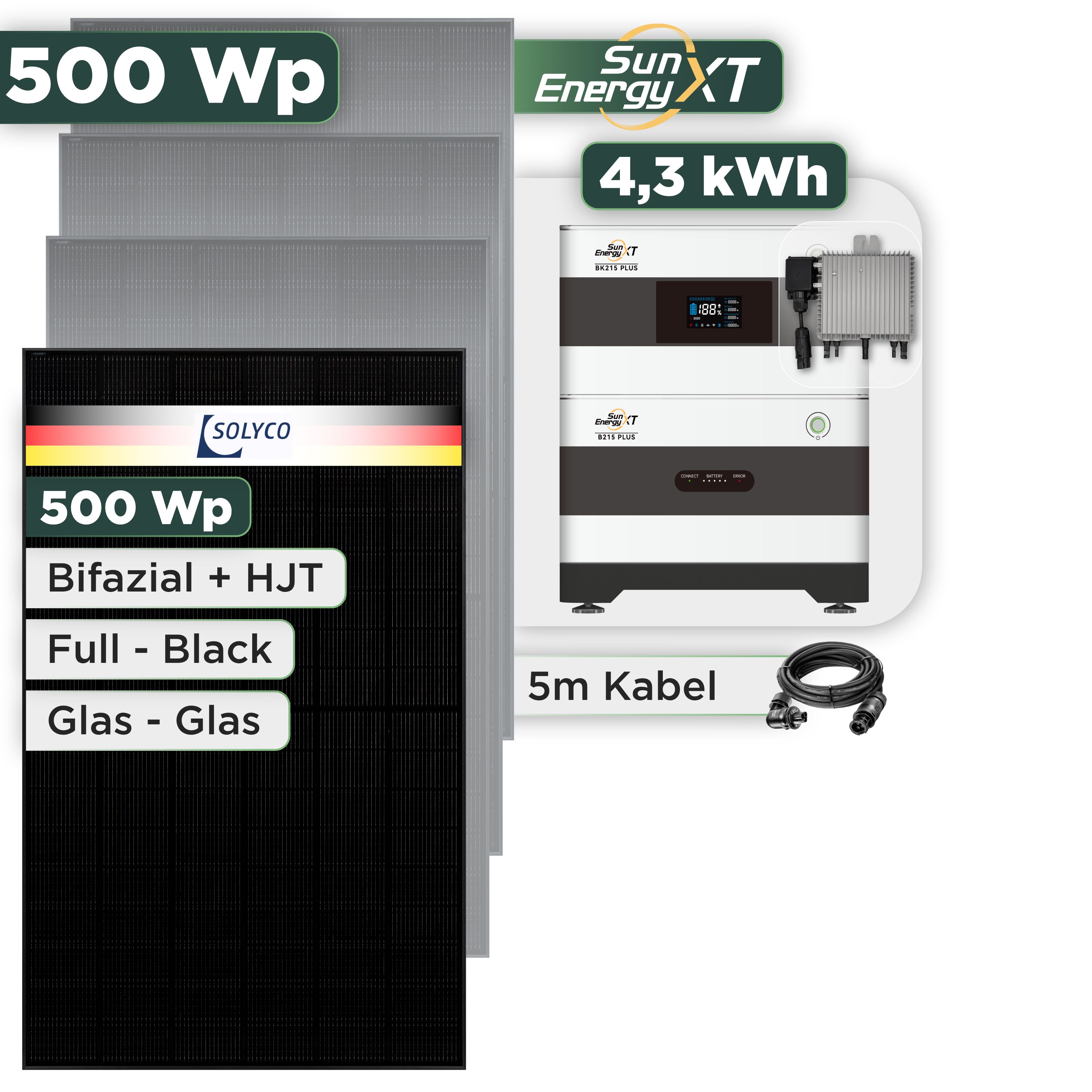 Balkonkraftwerk Set 500 Wp SunEnergyXT Plus / 4,3 kWh / Solyco 500 Wp Glas-Glas Fullblack-Modul Bifazial / 1 Modul / Deye 800 W / Wieland Stecker