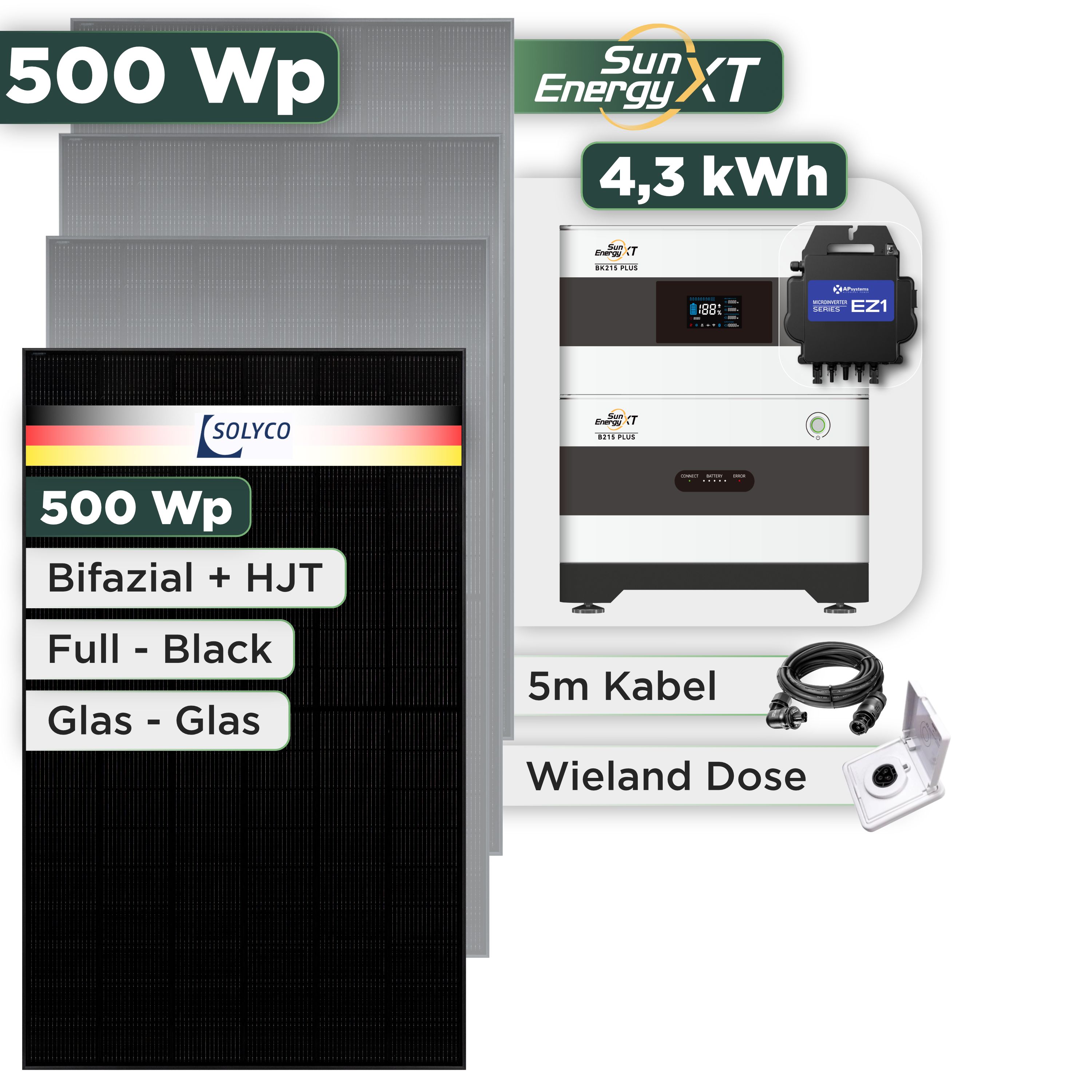 Balkonkraftwerk Set 500 Wp SunEnergyXT Plus / 4,3 kWh / Solyco 500 Wp Glas-Glas Fullblack-Modul Bifazial / 1 Modul / APSystems EZ1-M (bis 800 W) / Wieland Stecker + Dose