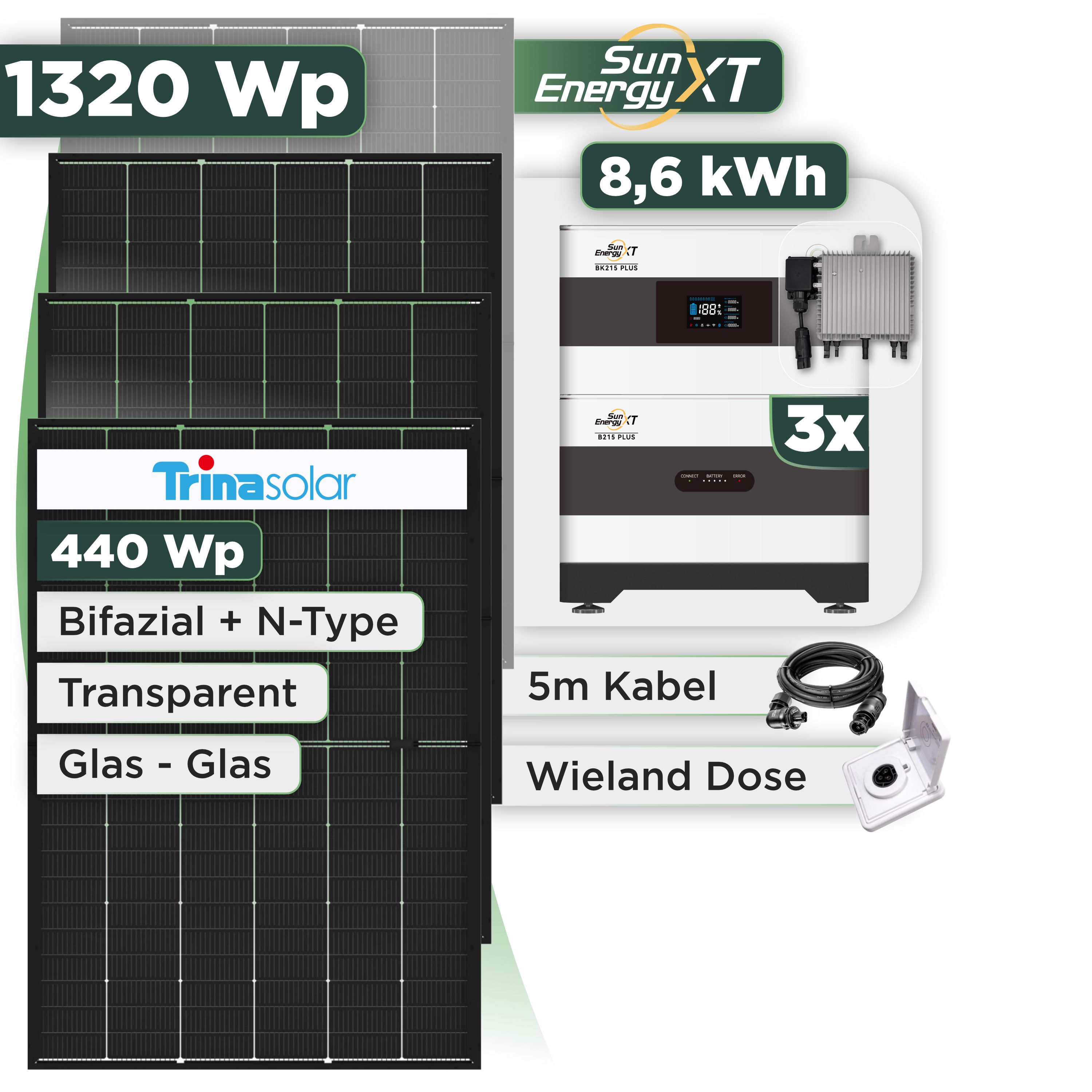 Balkonkraftwerk Set 1320 Wp SunEnergyXT Plus / 8,6 kWh / Trina 440 Wp Glas-Glas Bifazial Modul / 3 Module / Deye 800 W / Wieland Stecker + Dose