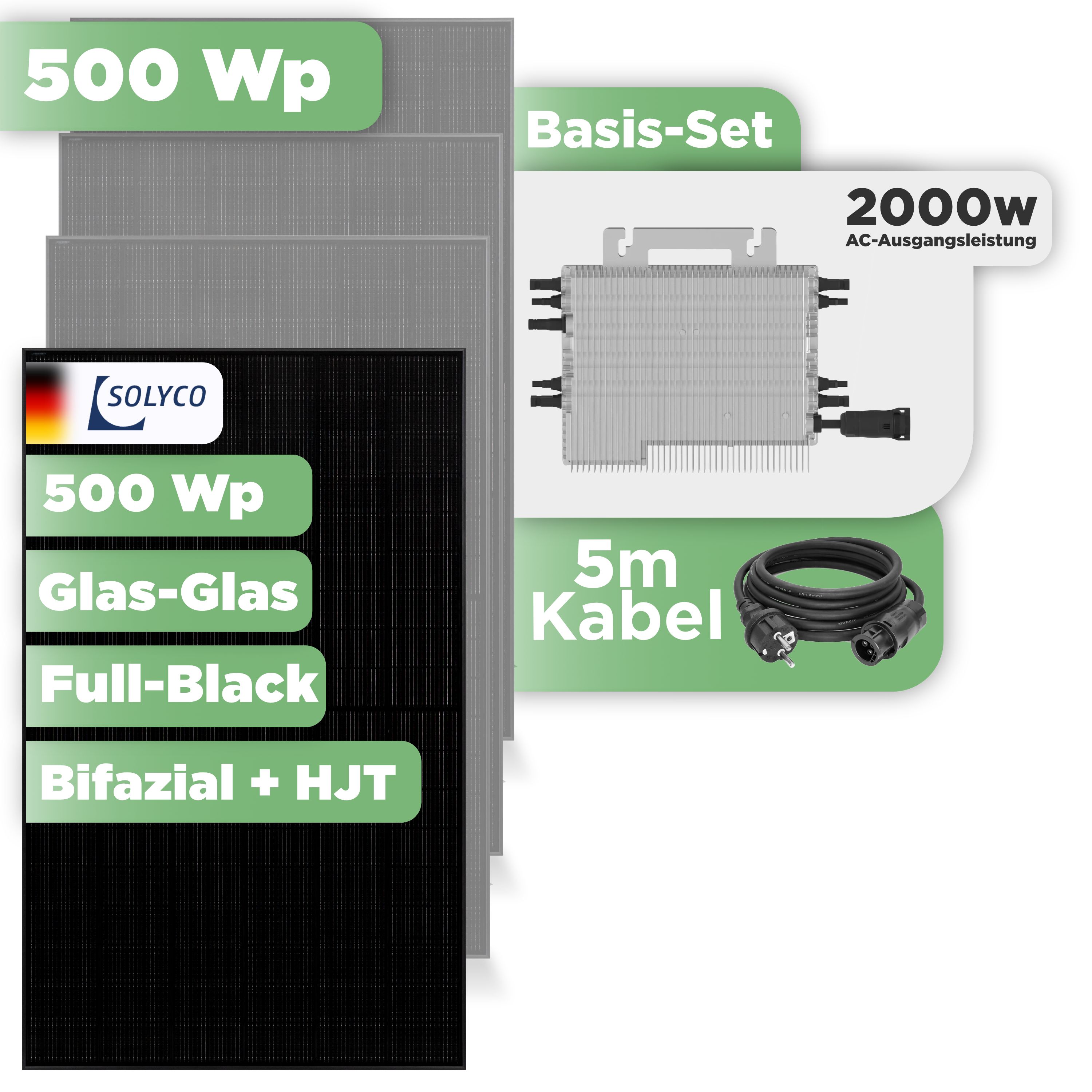 Balkonkraftwerk Basic Set 500 Wp Solyco 500 Wp Glas-Glas Fullblack-Modul Bifazial / 1 Modul / Deye 2000 W / Schuko Stecker