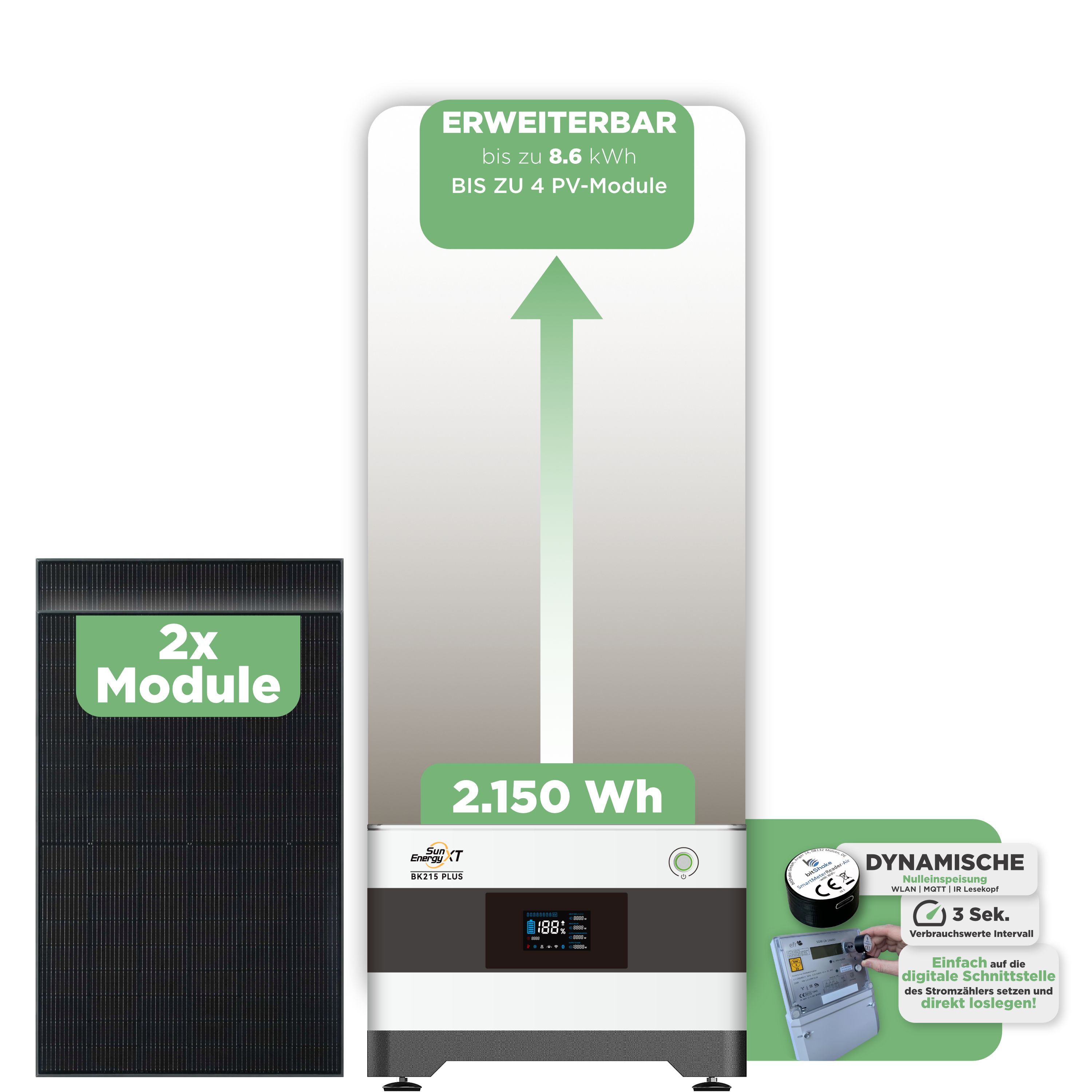 SunEnergyXT BK215 Plus Balkonkraftwerkspeicher 2.150 Wh / mit IR Lesekopf (bitshake)