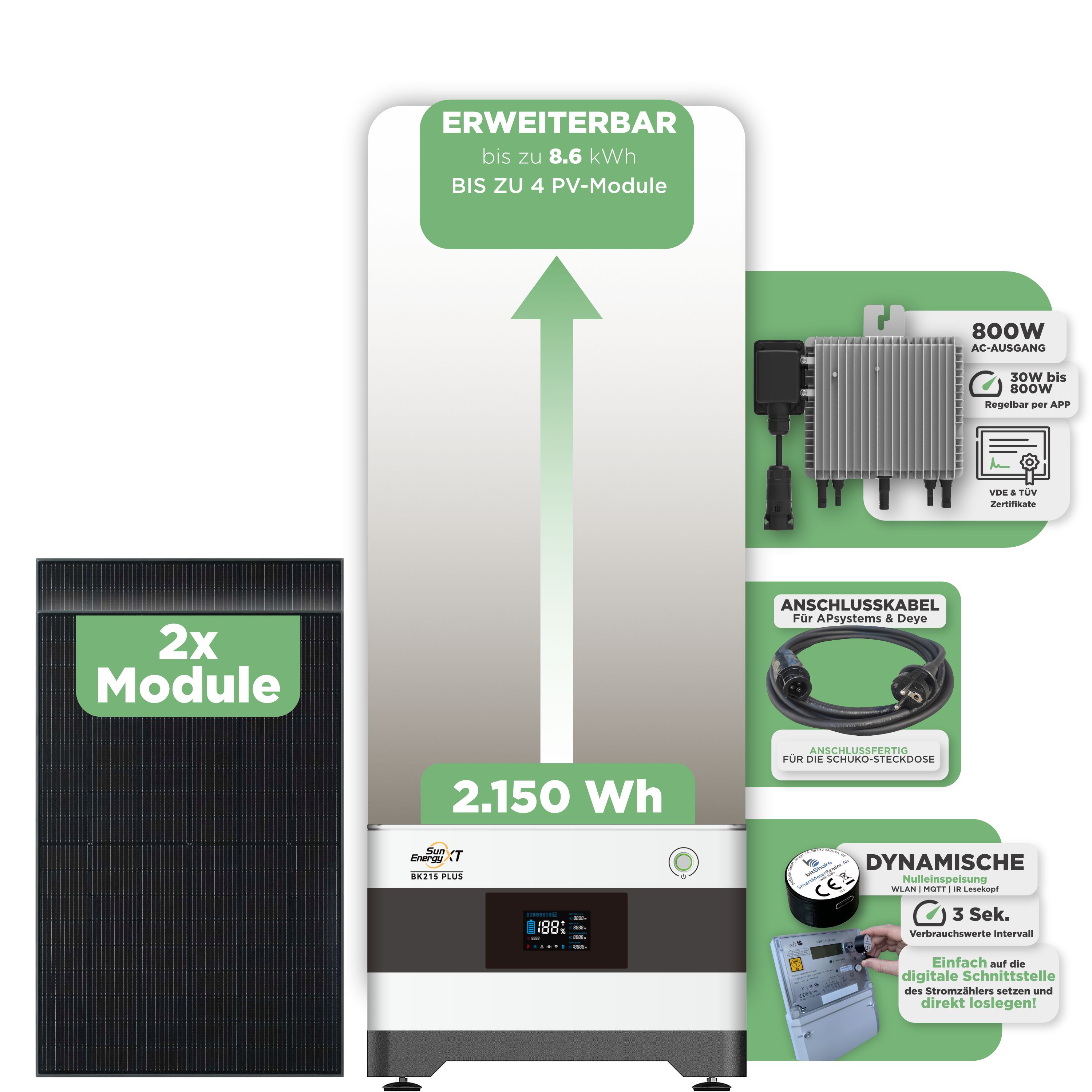 SunEnergyXT BK215 Plus Balkonkraftwerkspeicher 2.150 Wh / mit IR Lesekopf (bitshake) / 800 W (Deye-SUN-M) / 15 m Schuko Kabel