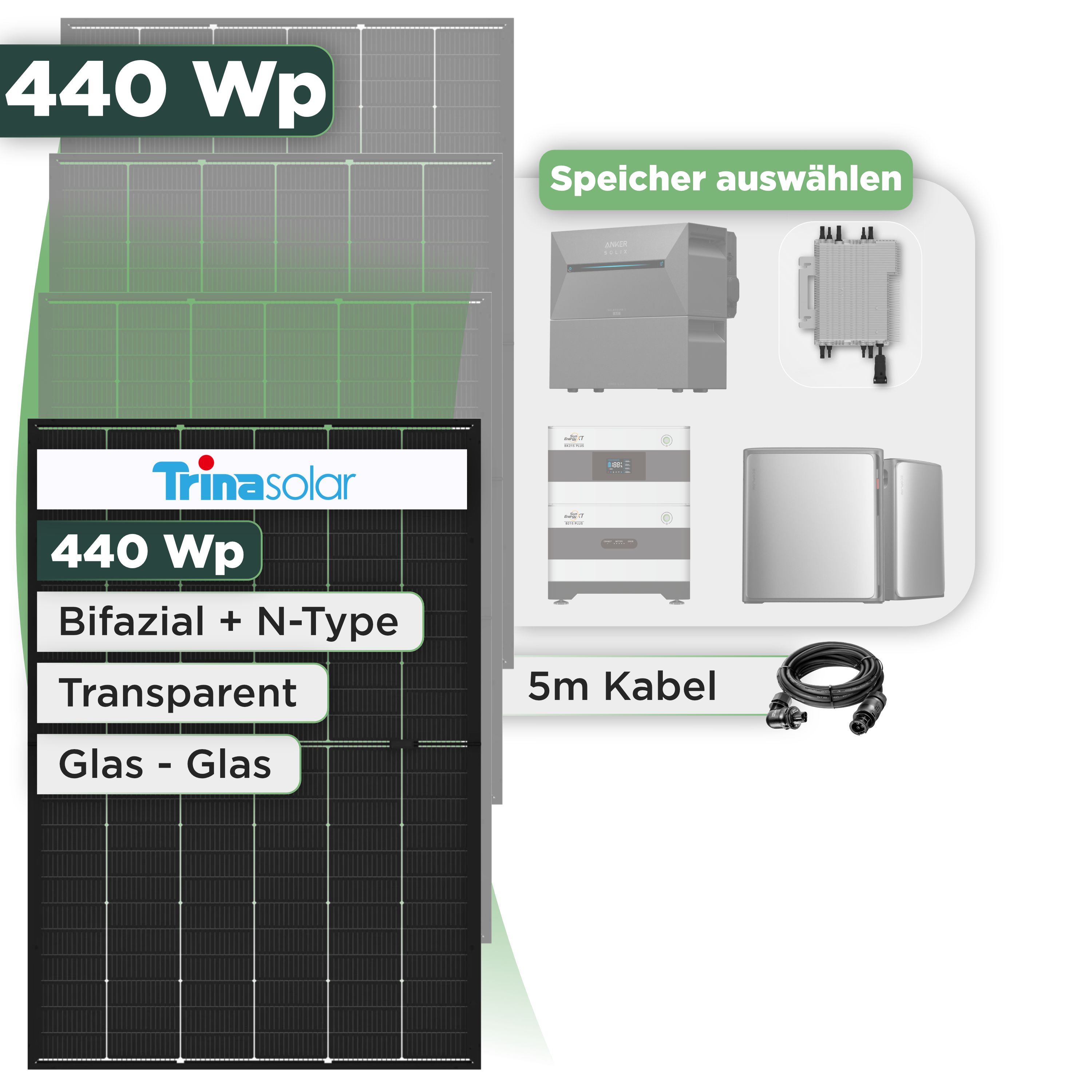 Balkonkraftwerk Set 440 Wp Trina 440 Wp Glas-Glas Bifazial Modul / 1 Modul / Deye 2000 W / Wieland Stecker