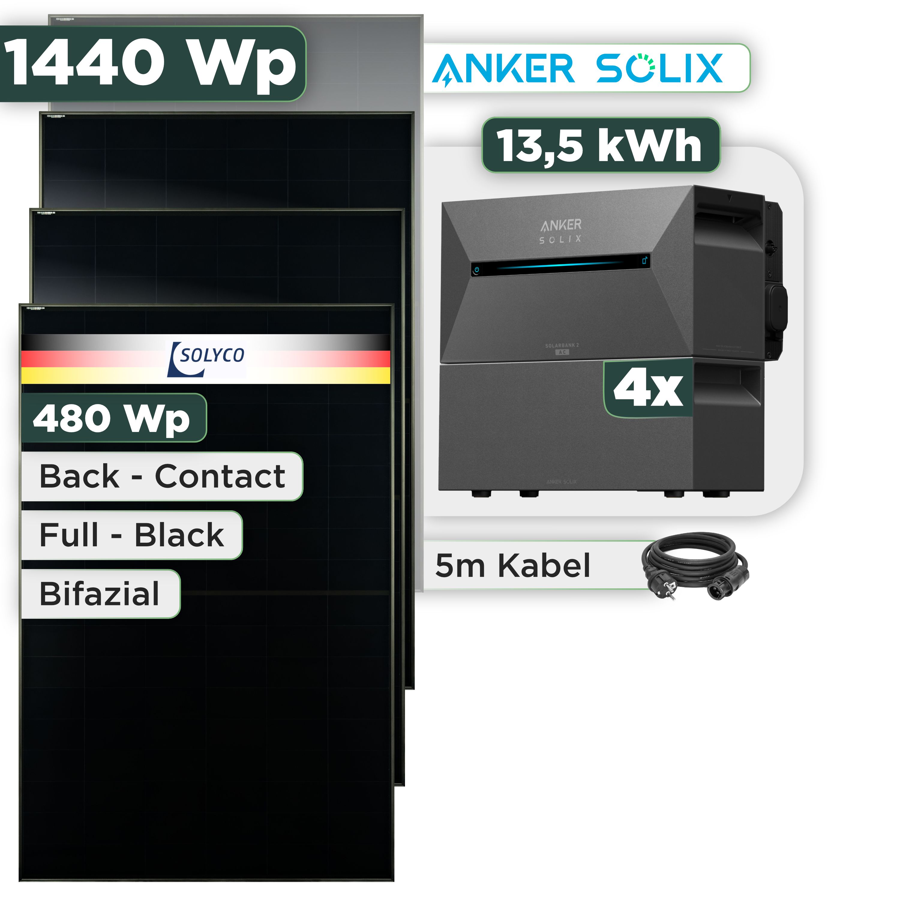 Balkonkraftwerk Set 1440 Wp Anker Solarbank 3 Pro / 13,5 kWh / Solyco 480 Wp Glas-Glas Fullblack Back Contact Modul / 3 Module / Schuko Stecker / 3 m