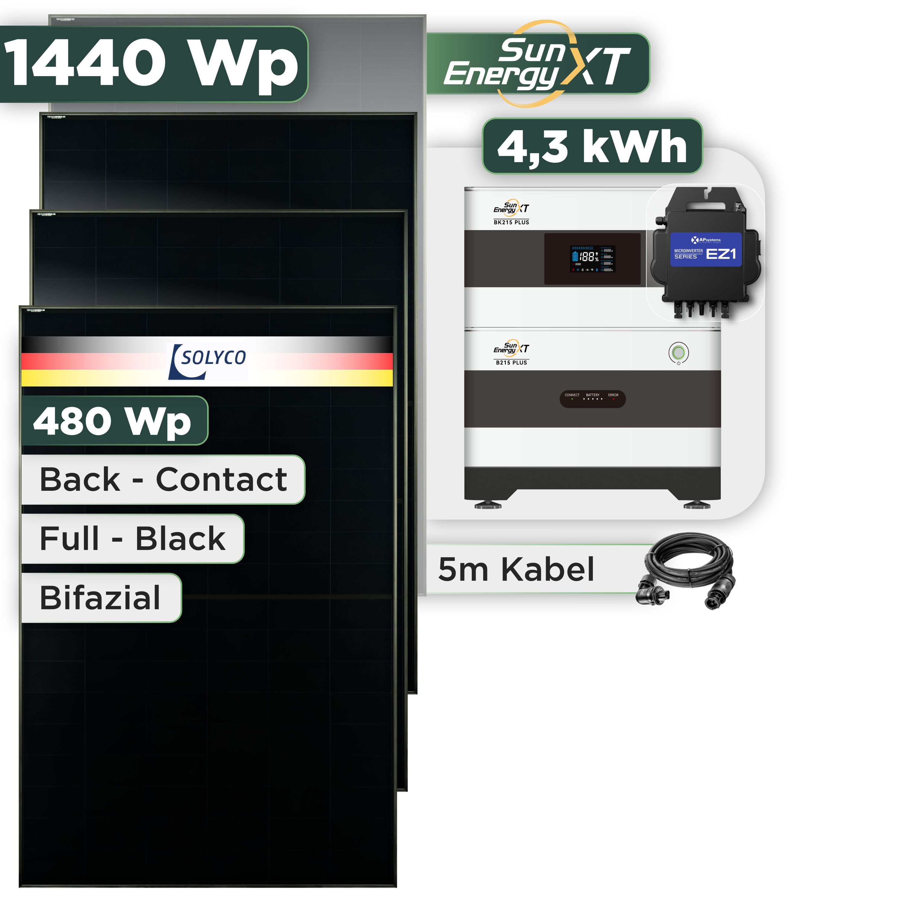 Balkonkraftwerk Set 1440 Wp SunEnergyXT Plus / 4,3 kWh / Solyco 480 Wp Glas-Glas Fullblack Back Contact Modul / 3 Module / APSystems EZ1-M (bis 800 W) / Wieland Stecker