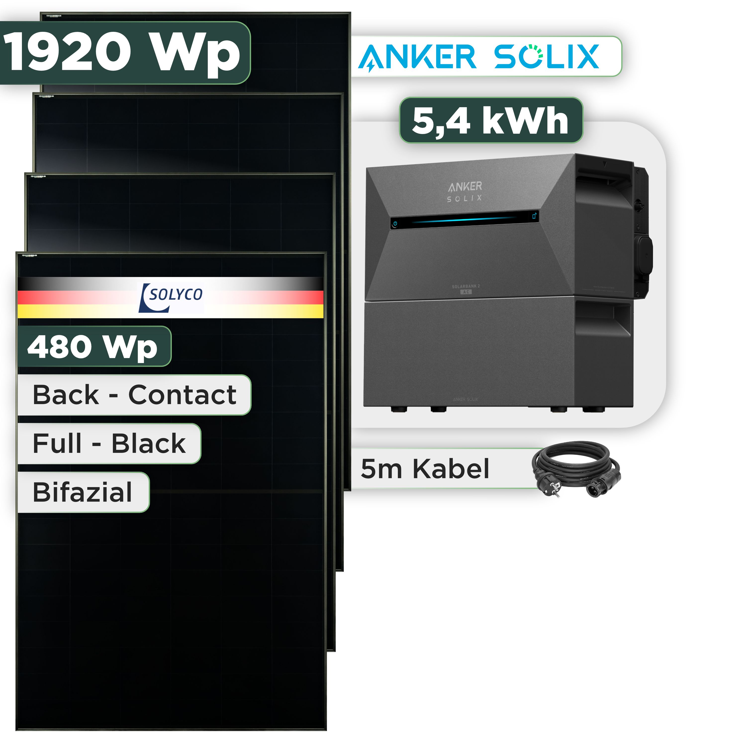 Balkonkraftwerk Set 1920 Wp Anker Solarbank 3 Pro / 5,4 kWh / Solyco 480 Wp Glas-Glas Fullblack Back Contact Modul / 4 Module / Schuko Stecker / 3 m