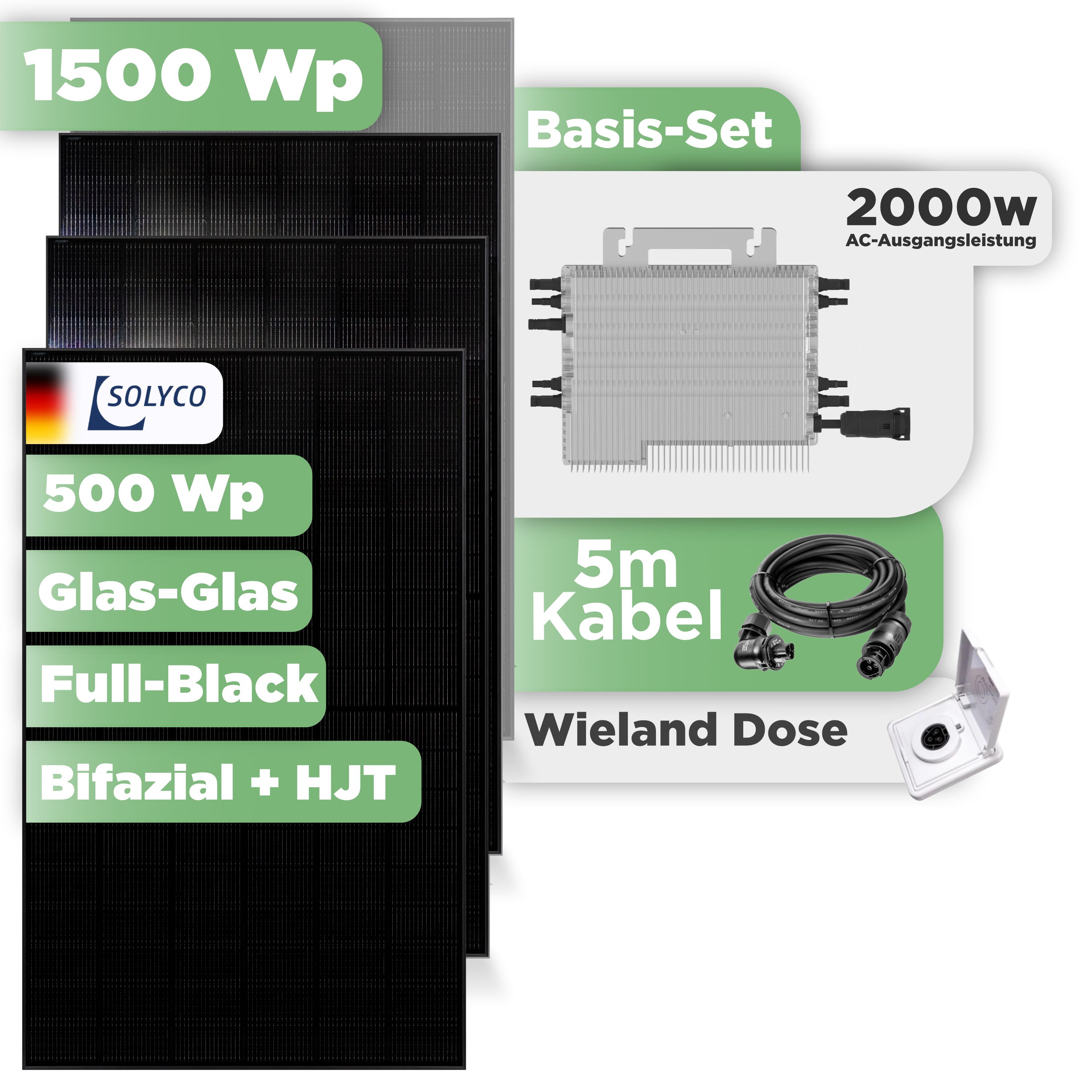 Balkonkraftwerk Basic Set 1500 Wp Solyco 500 Wp Glas-Glas Fullblack-Modul Bifazial / 3 Module / Deye 2000 W / Wieland Stecker + Dose
