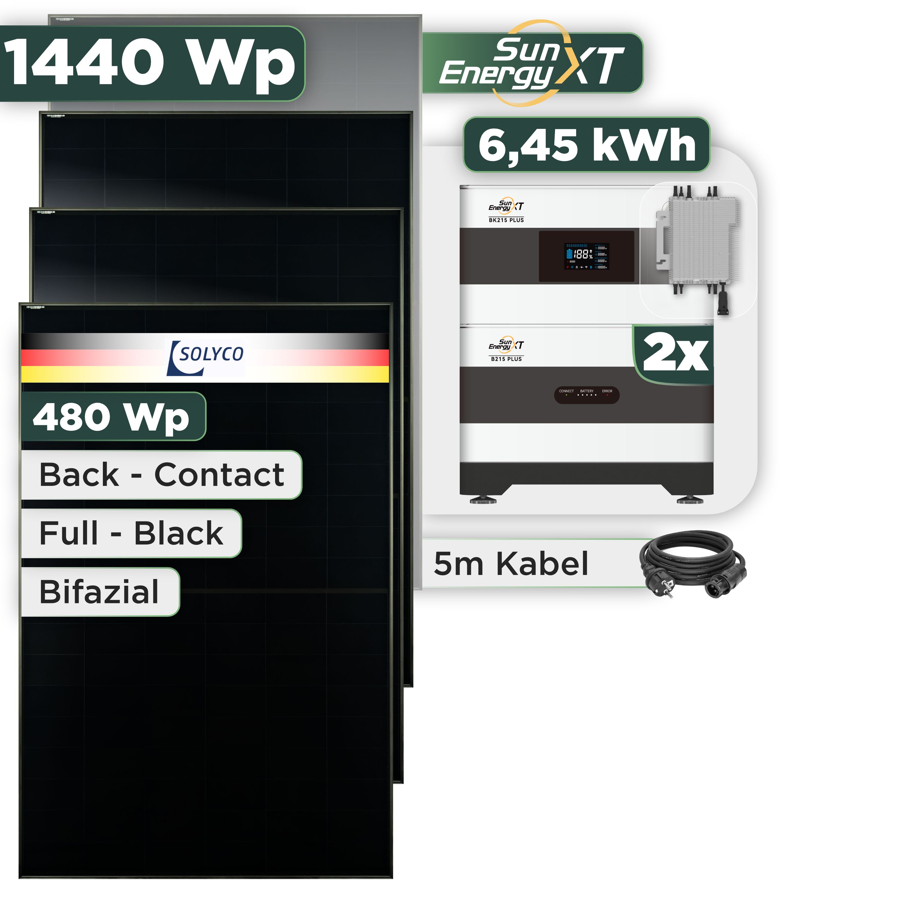 Balkonkraftwerk Set 1440 Wp SunEnergyXT Plus / 6,45 kWh / Solyco 480 Wp Glas-Glas Fullblack Back Contact Modul / 3 Module / Deye 2000 W / Schuko Stecker