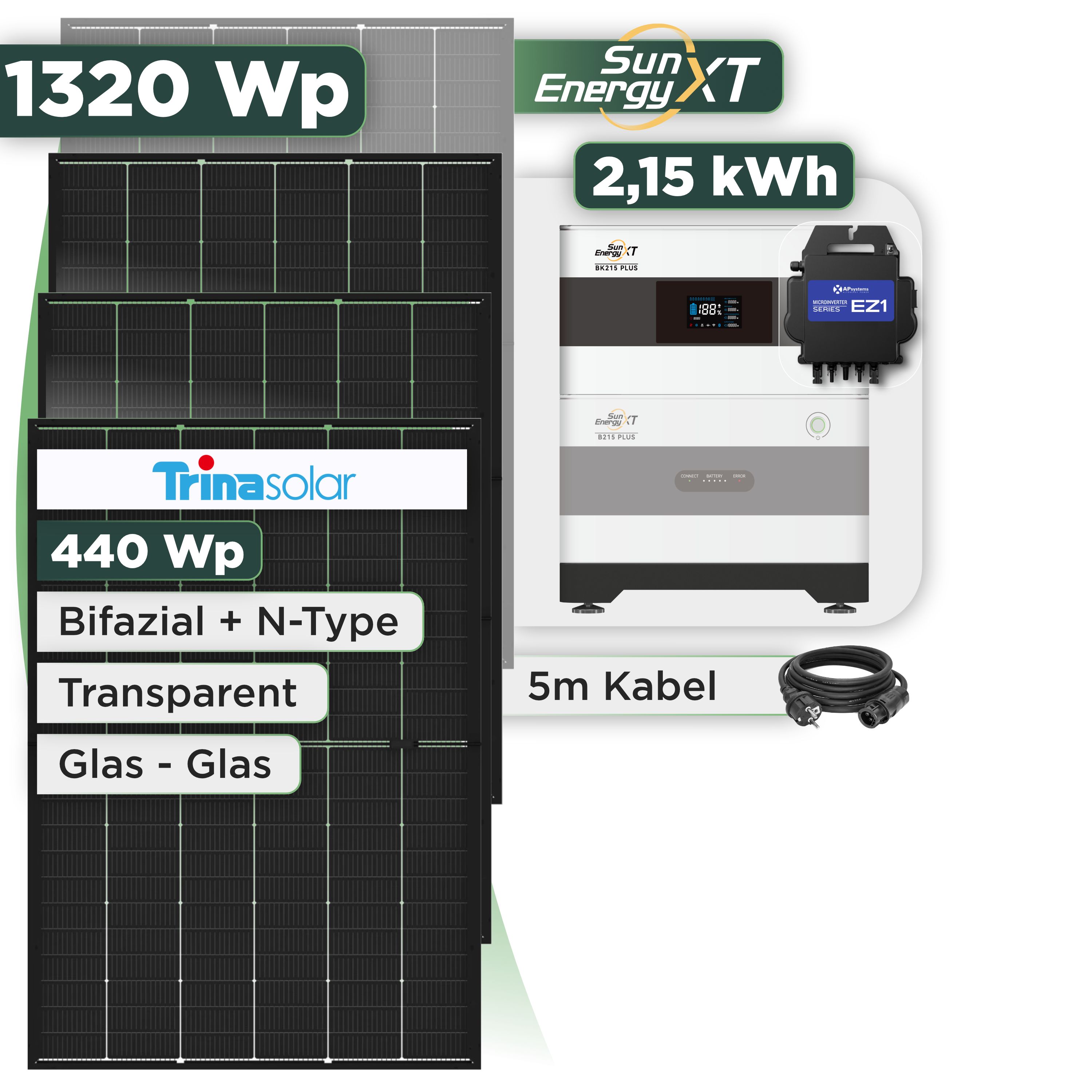 Balkonkraftwerk Set 1320 Wp SunEnergyXT Plus / 2,15 kWh / Trina 440 Wp Glas-Glas Bifazial Modul / 3 Module / APSystems EZ1-M (bis 800 W) / Schuko Stecker