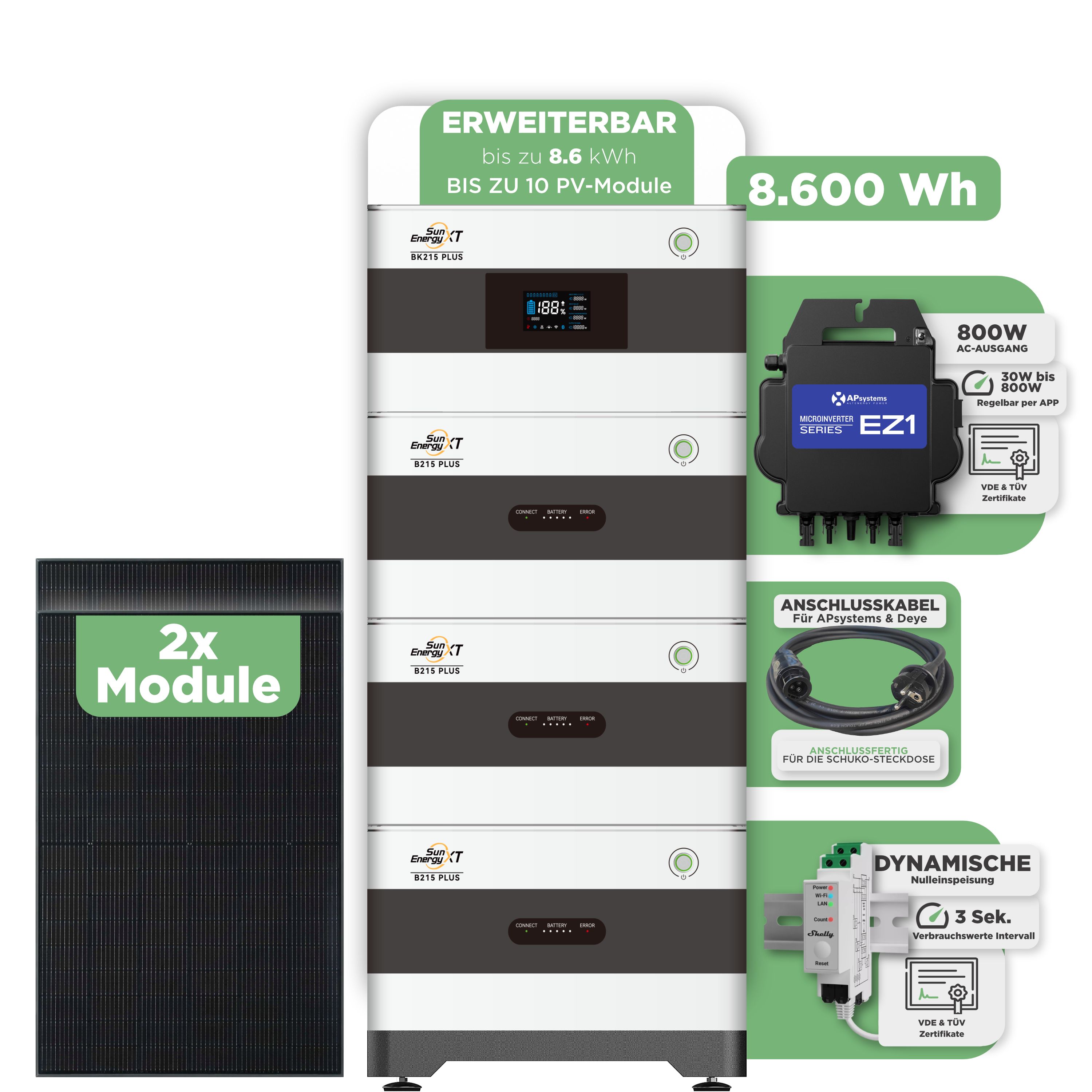 SunEnergyXT Balkonkraftwerkspeicher — 8.600 Wh / mit Shelly 3EM Pro / 800 W (Apsystems EZ1-M) / 5 m Schuko Kabel / 2 x Trina 440 Wp Bifazial