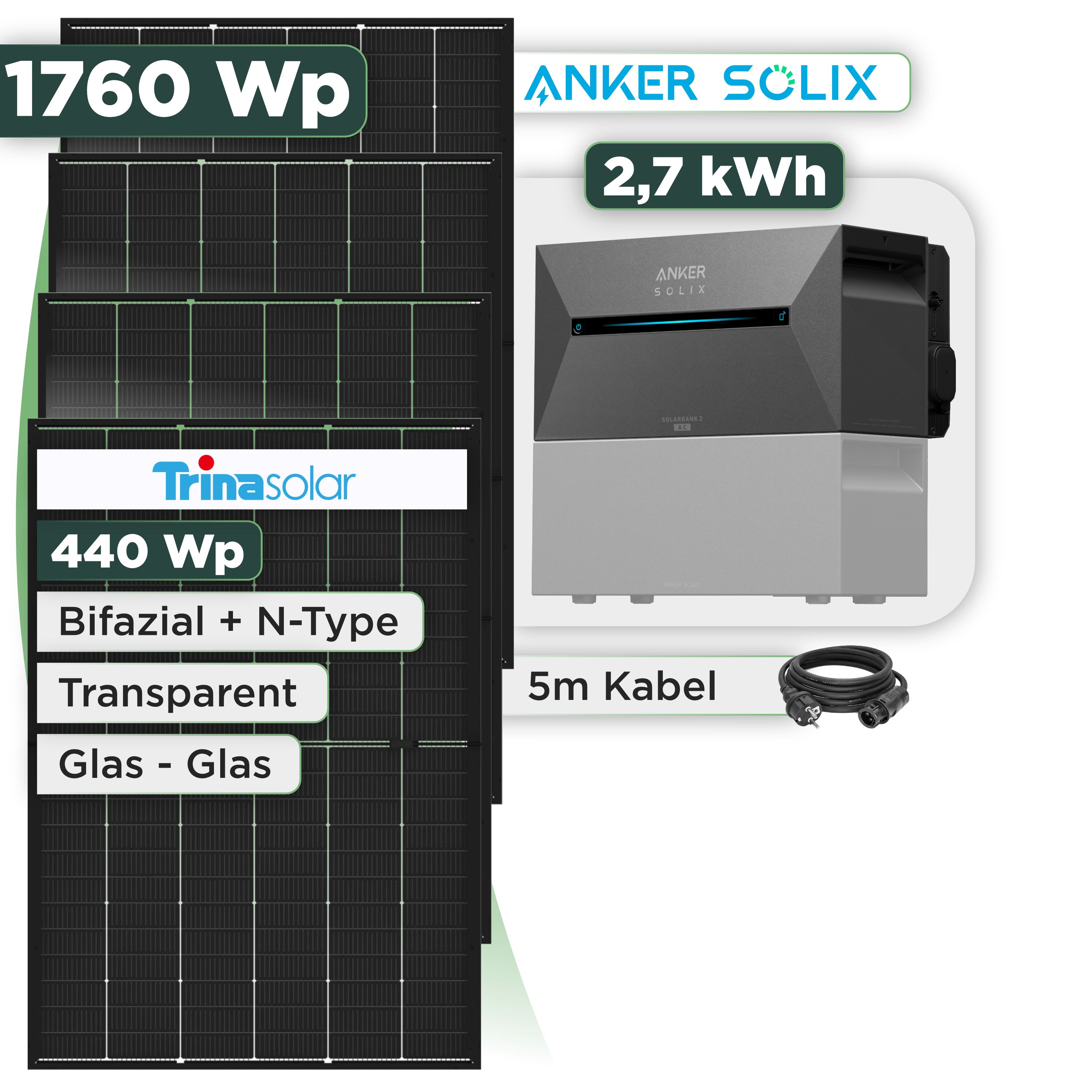 Balkonkraftwerk Set 1760 Wp Anker Solarbank 3 Pro / 2,7 kWh / Trina 440 Wp Glas-Glas Bifazial Modul / 4 Module / Schuko Stecker / 3 m
