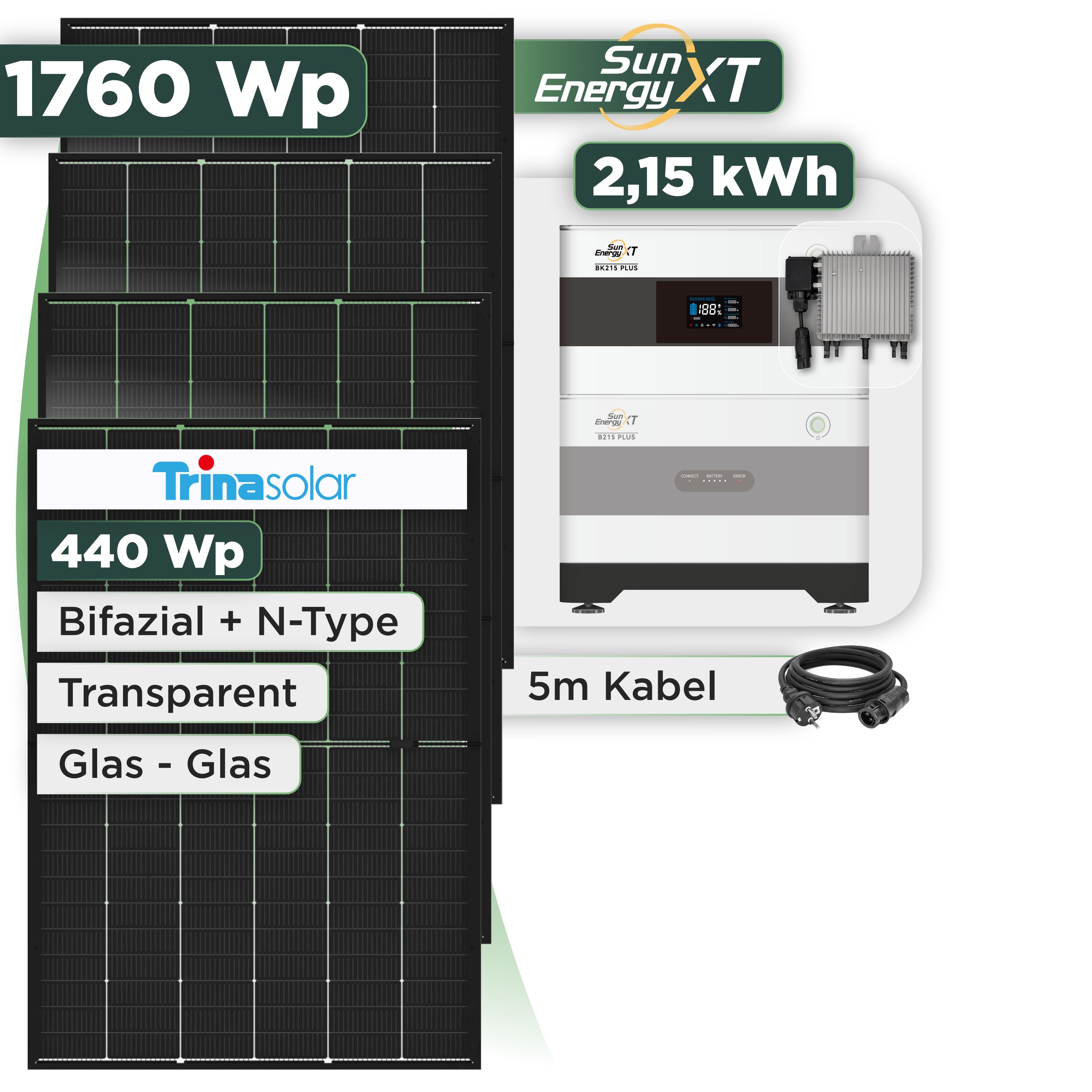 Balkonkraftwerk Set 1760 Wp SunEnergyXT Plus / 2,15 kWh / Trina 440 Wp Glas-Glas Bifazial Modul / 4 Module / Deye 800 W / Schuko Stecker