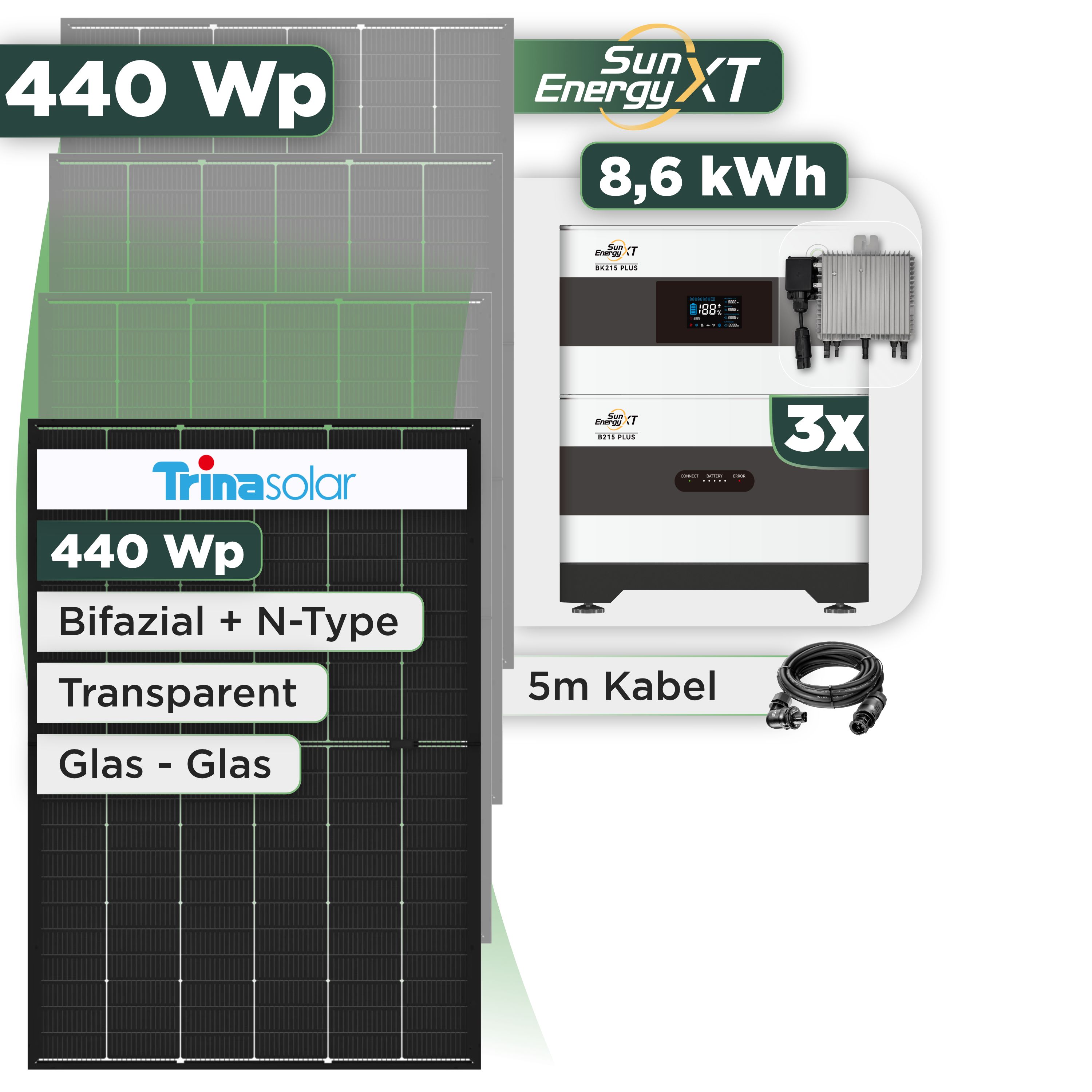 Balkonkraftwerk Set 440 Wp SunEnergyXT Plus / 8,6 kWh / Trina 440 Wp Glas-Glas Bifazial Modul / 1 Modul / Deye 800 W / Wieland Stecker