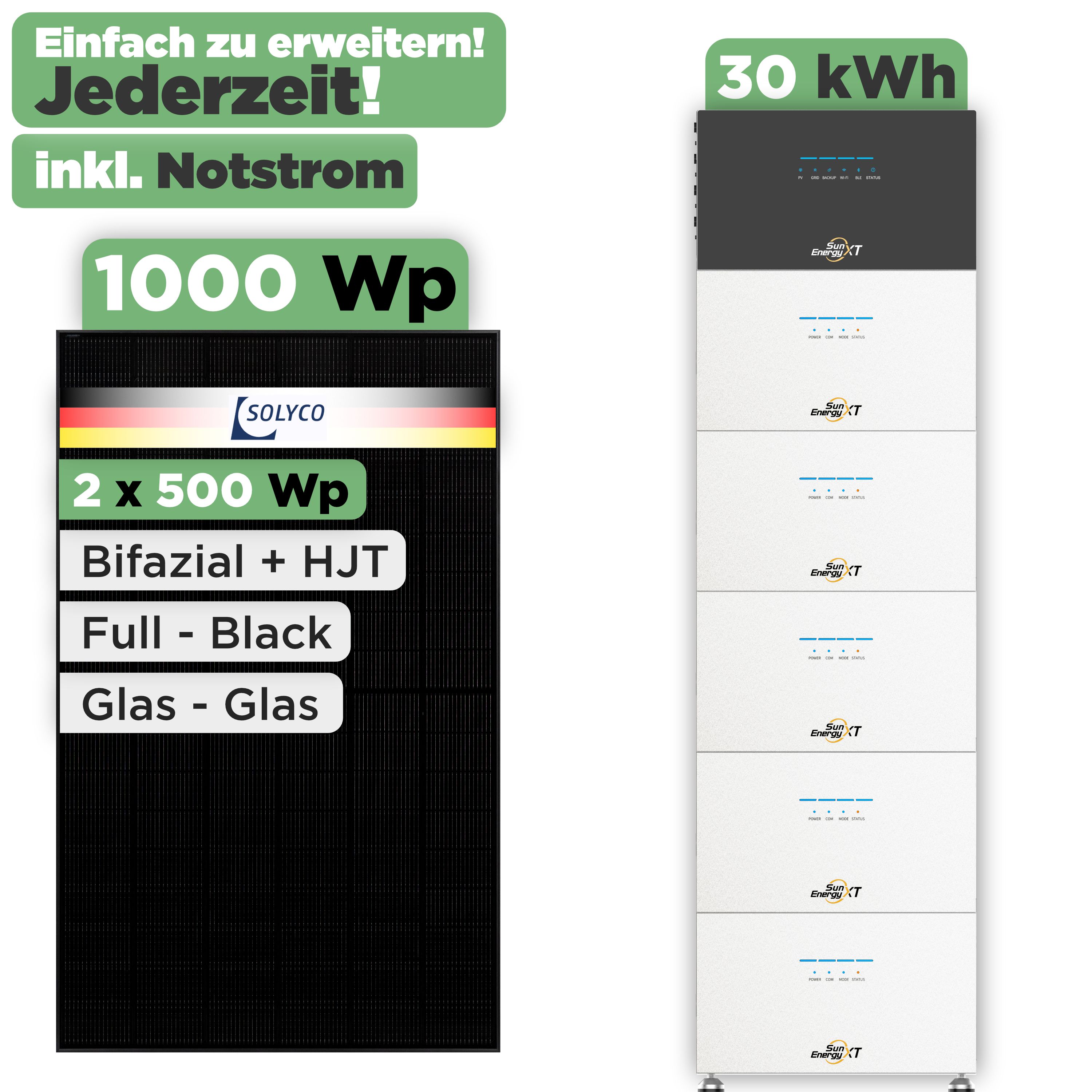 SunEnergyXT 500 Modulset 1000 Wp SunEnergyXT 500 (800 W) / 30 kWh / Solyco 500 Wp / 2 Module