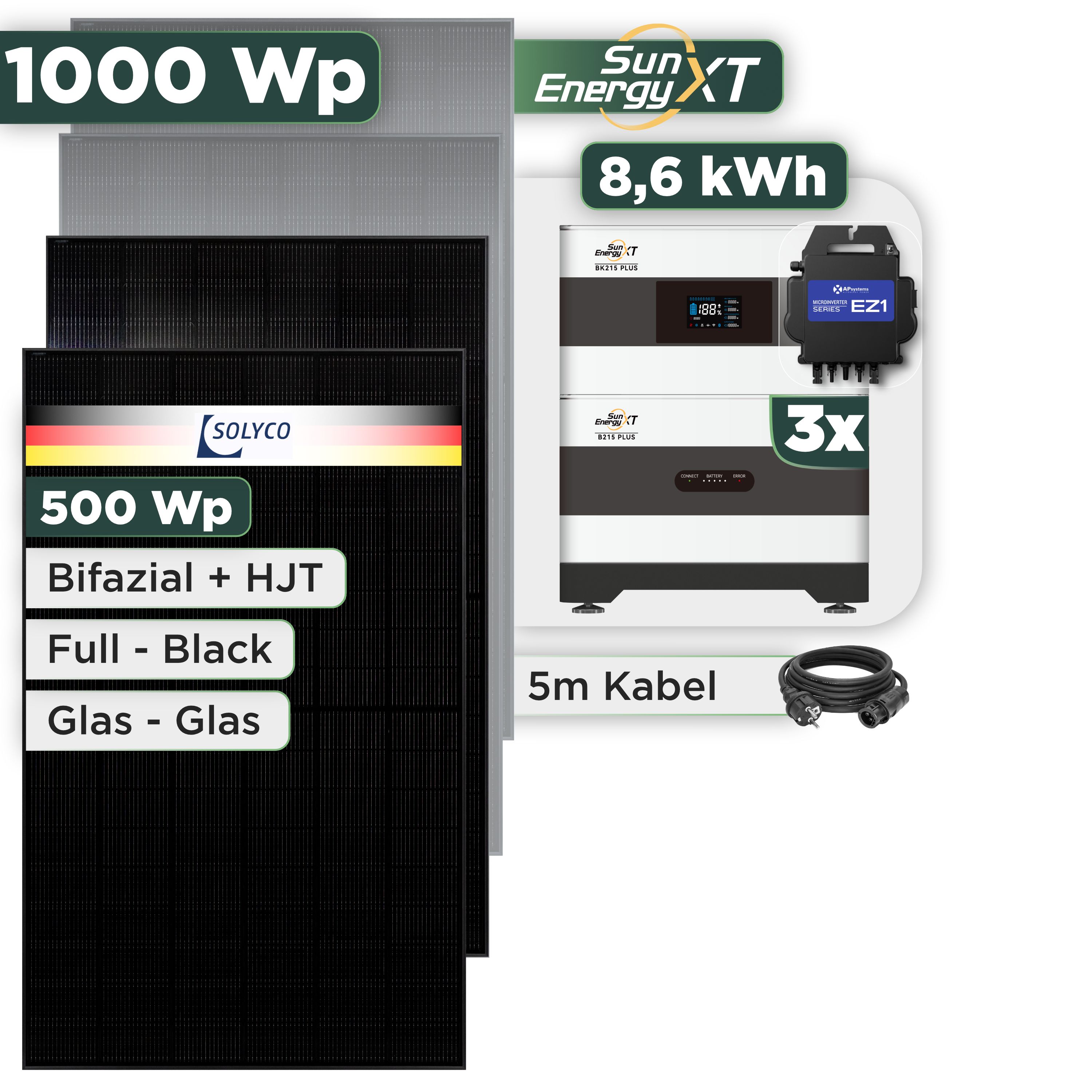 Balkonkraftwerk Set 1000 Wp SunEnergyXT Plus / 8,6 kWh / Solyco 500 Wp Glas-Glas Fullblack-Modul Bifazial / 2 Module / APSystems EZ1-M (bis 800 W) / Schuko Stecker