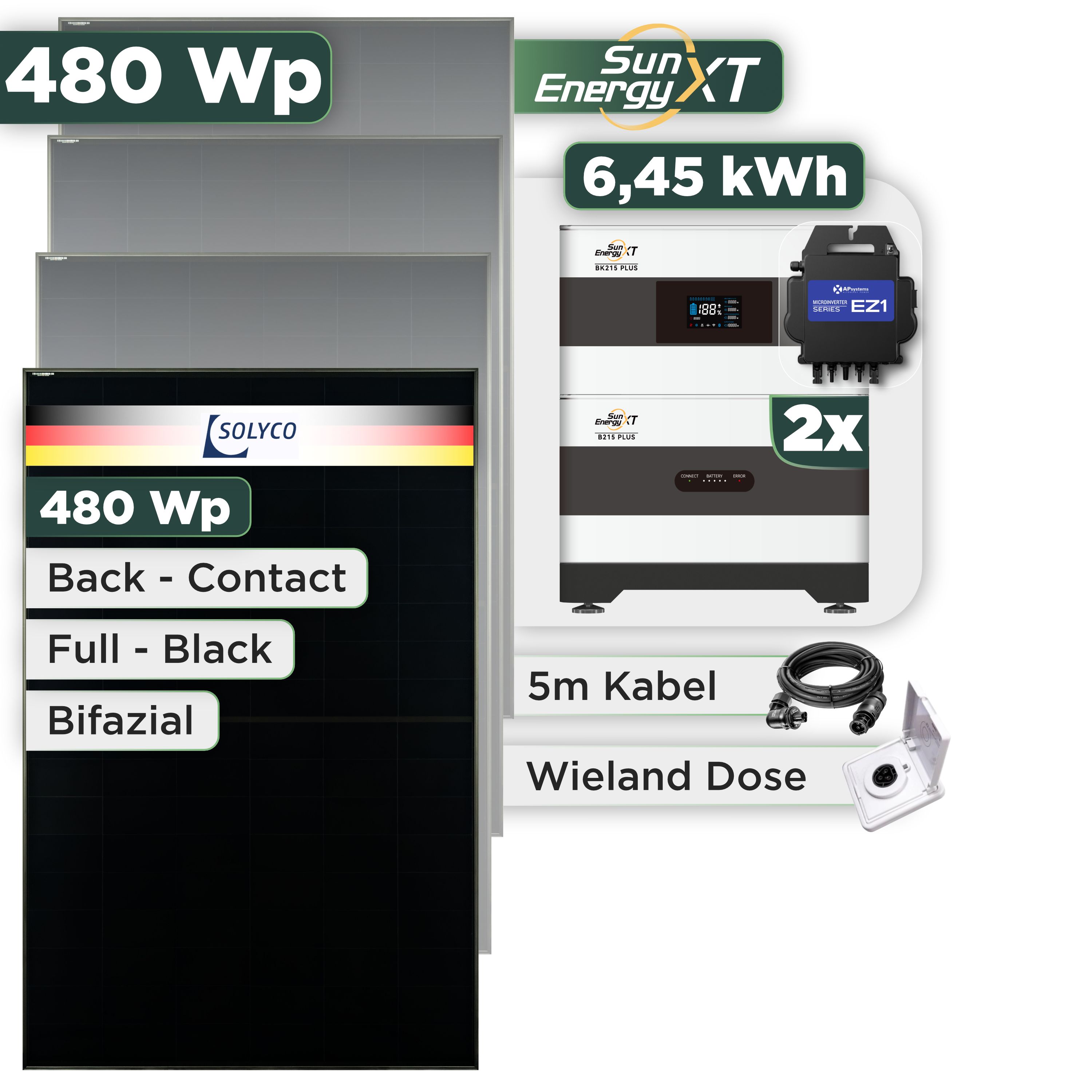 Balkonkraftwerk Set 480 Wp SunEnergyXT Plus / 6,45 kWh / Solyco 480 Wp Glas-Glas Fullblack Back Contact Modul / 1 Modul / APSystems EZ1-M (bis 800 W) / Wieland Stecker + Dose