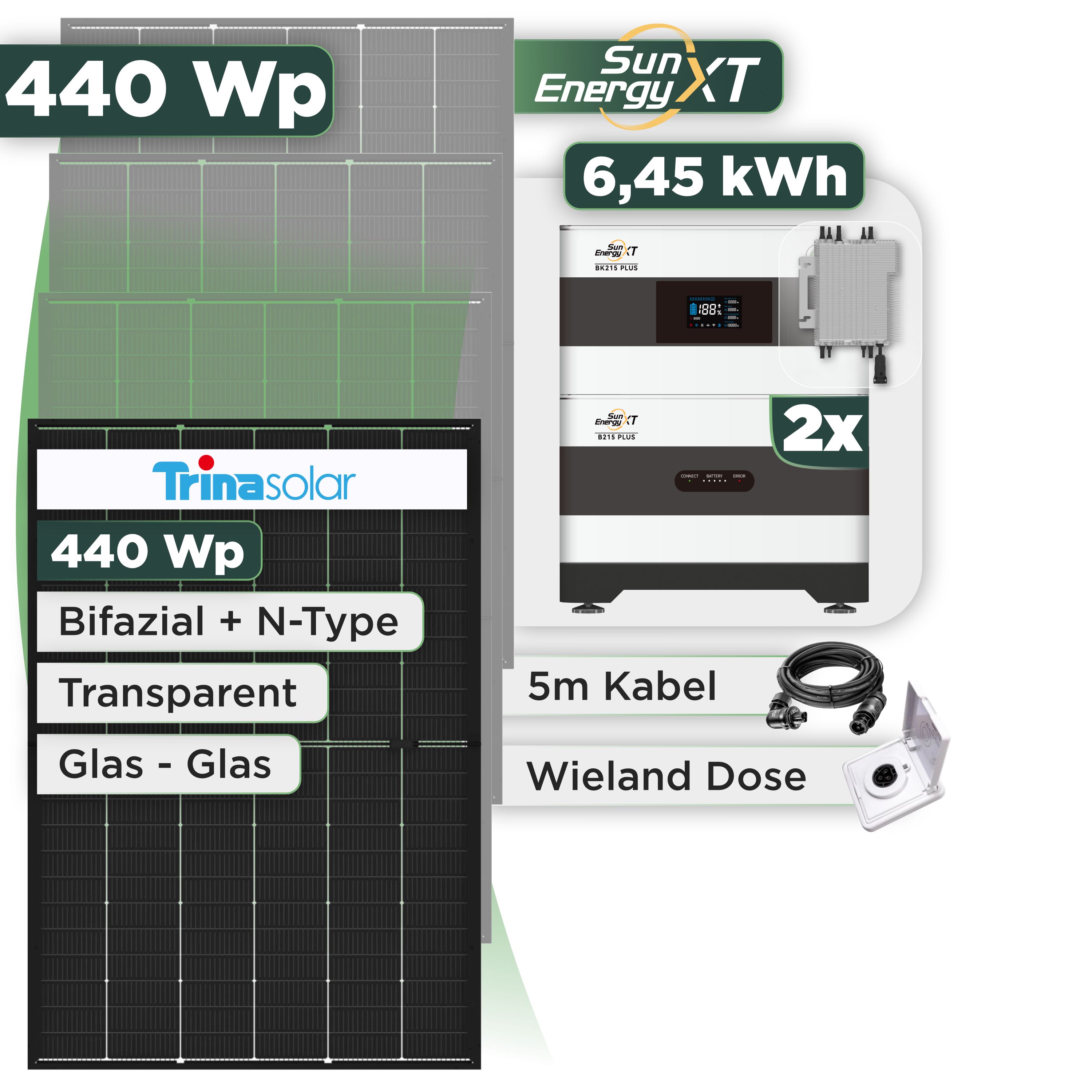 Balkonkraftwerk Set 440 Wp SunEnergyXT Plus / 6,45 kWh / Trina 440 Wp Glas-Glas Bifazial Modul / 1 Modul / Deye 2000 W / Wieland Stecker + Dose