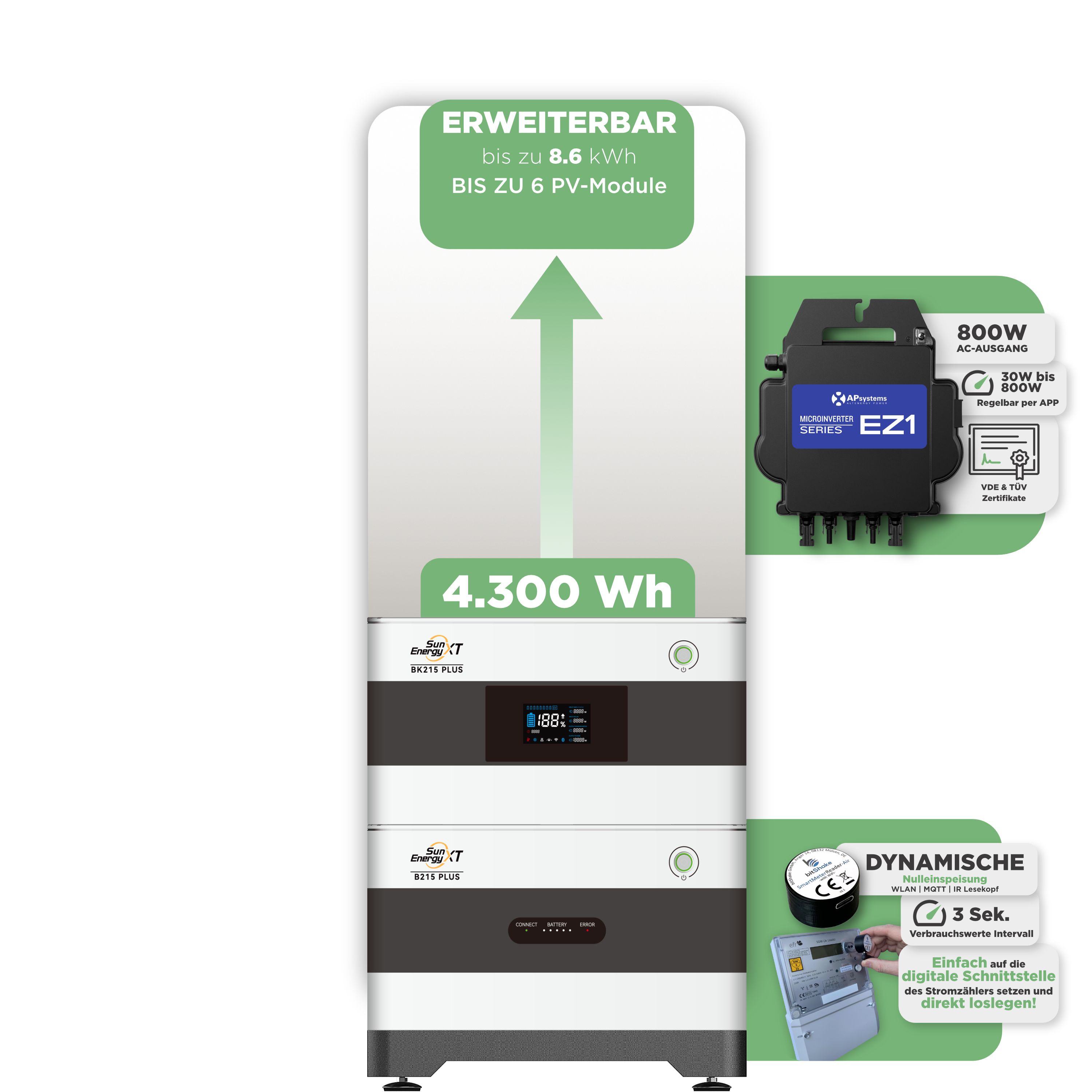 SunEnergyXT Balkonkraftwerkspeicher — 4.300 Wh / mit IR Lesekopf (bitshake) / 800 W (Apsystems EZ1-M)