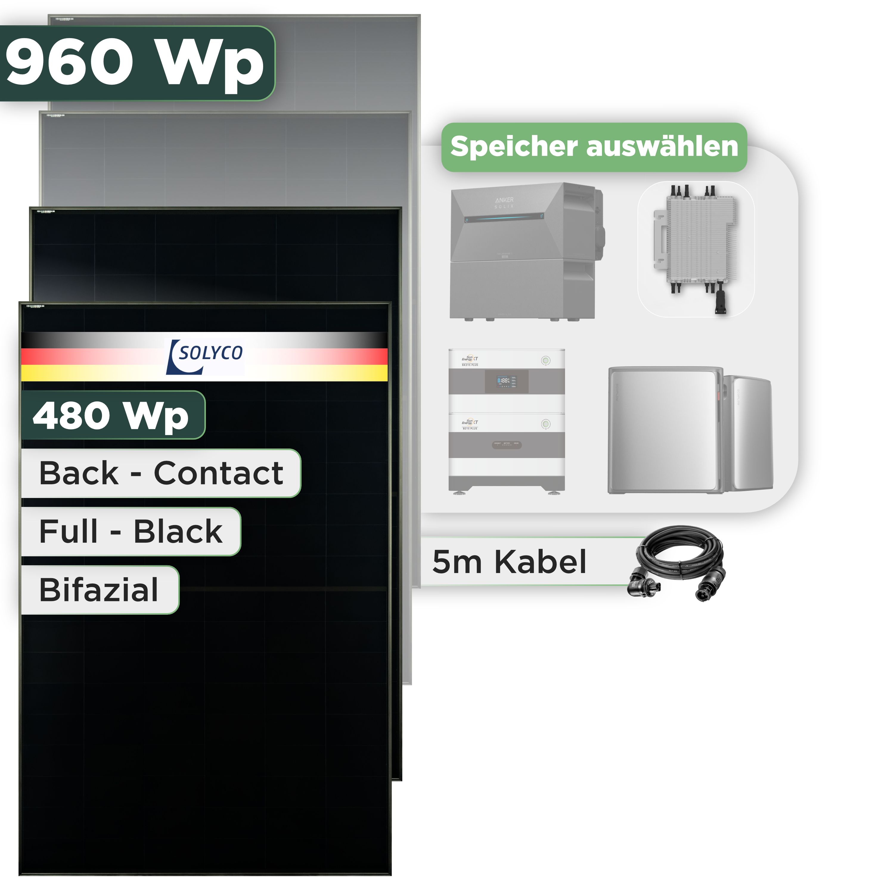 Balkonkraftwerk Set 960 Wp Solyco 480 Wp Glas-Glas Fullblack Back Contact Modul / 2 Module / Deye 2000 W / Wieland Stecker