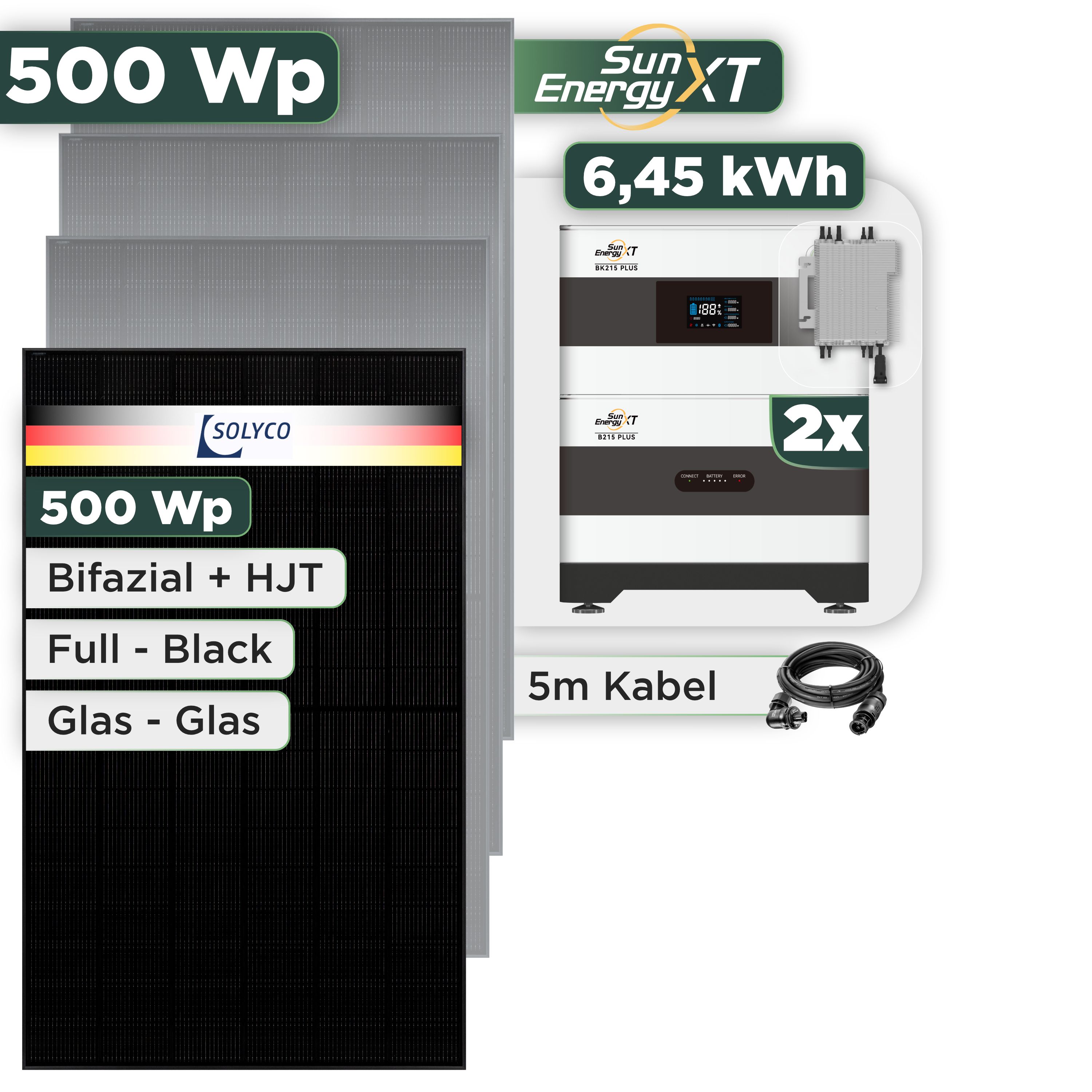 Balkonkraftwerk Set 500 Wp SunEnergyXT Plus / 6,45 kWh / Solyco 500 Wp Glas-Glas Fullblack-Modul Bifazial / 1 Modul / Deye 2000 W / Wieland Stecker