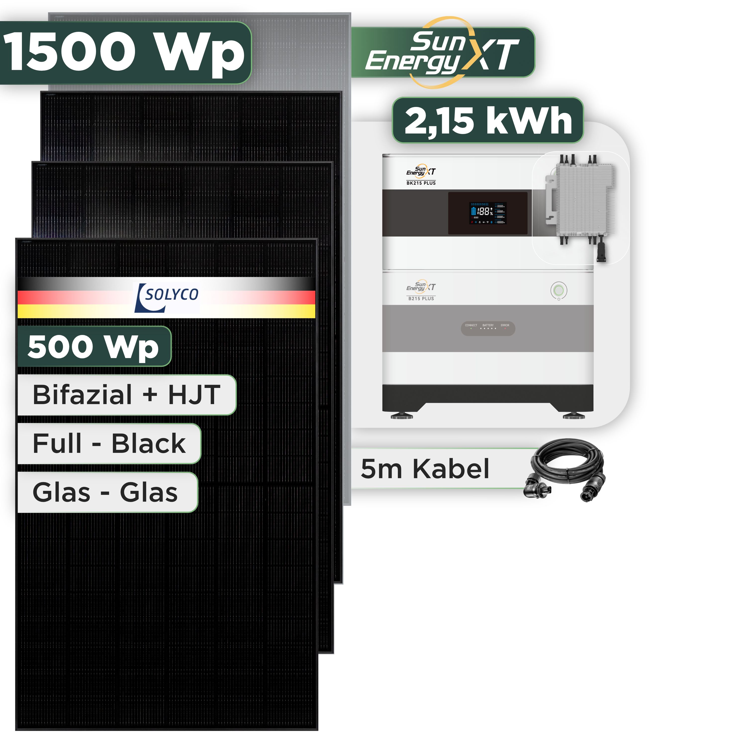 Balkonkraftwerk Set 1500 Wp SunEnergyXT Plus / 2,15 kWh / Solyco 500 Wp Glas-Glas Fullblack-Modul Bifazial / 3 Module / Deye 2000 W / Wieland Stecker