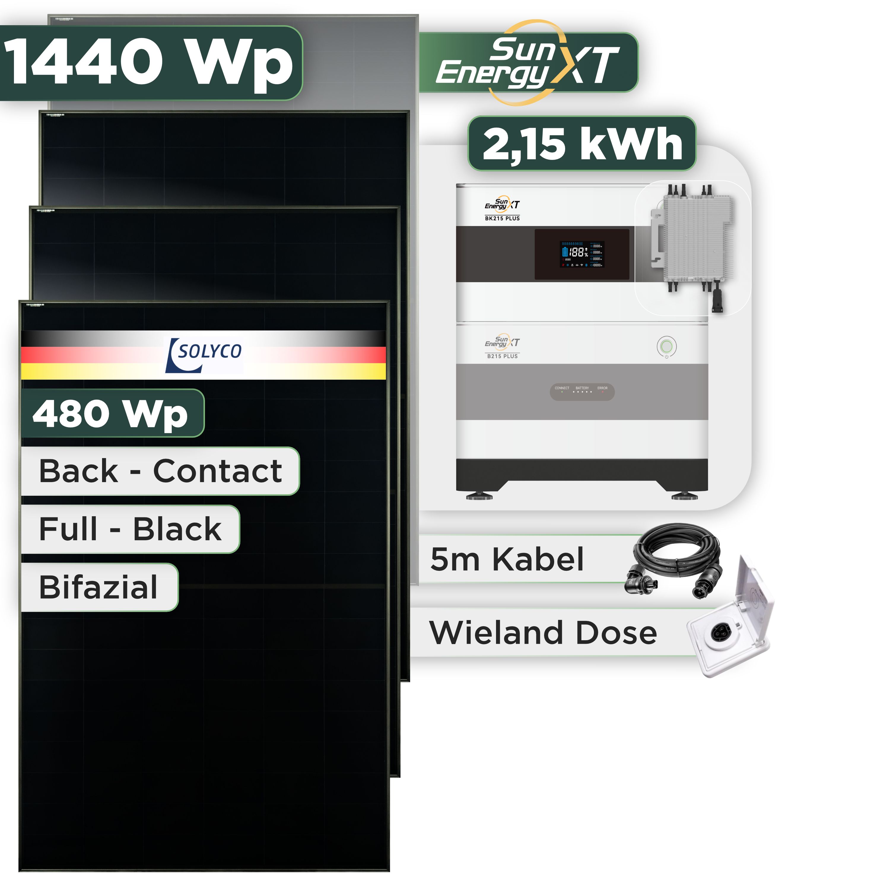 Balkonkraftwerk Set 1440 Wp SunEnergyXT Plus / 2,15 kWh / Solyco 480 Wp Glas-Glas Fullblack Back Contact Modul / 3 Module / Deye 2000 W / Wieland Stecker + Dose