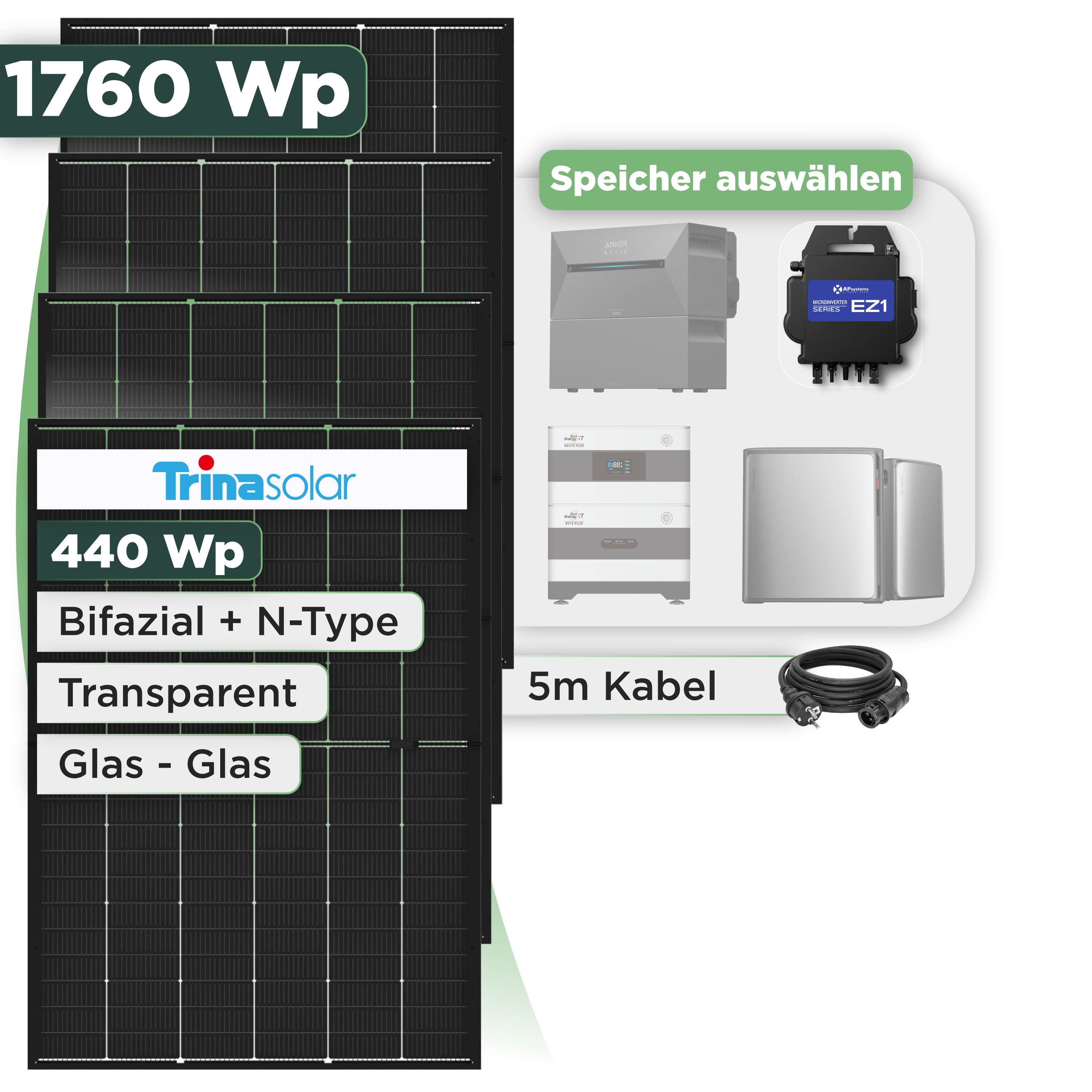 Balkonkraftwerk Set 1760 Wp Trina 440 Wp Glas-Glas Bifazial Modul / 4 Module / APSystems EZ1-M (bis 800 W) / Schuko Stecker
