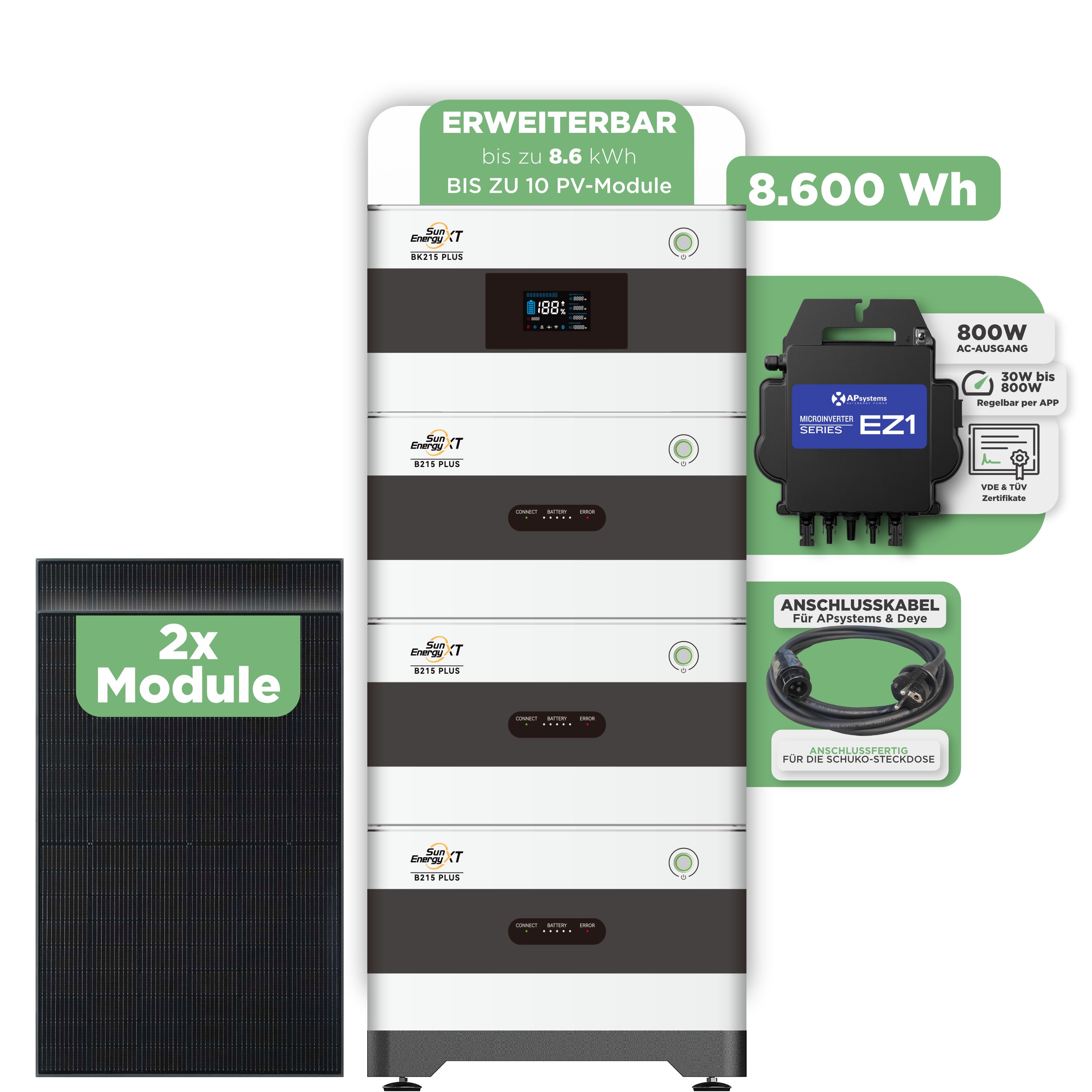 SunEnergyXT BK215 Plus Balkonkraftwerkspeicher 8.600 Wh / 800 W (Apsystems EZ1-M) / 10 m Schuko Kabel