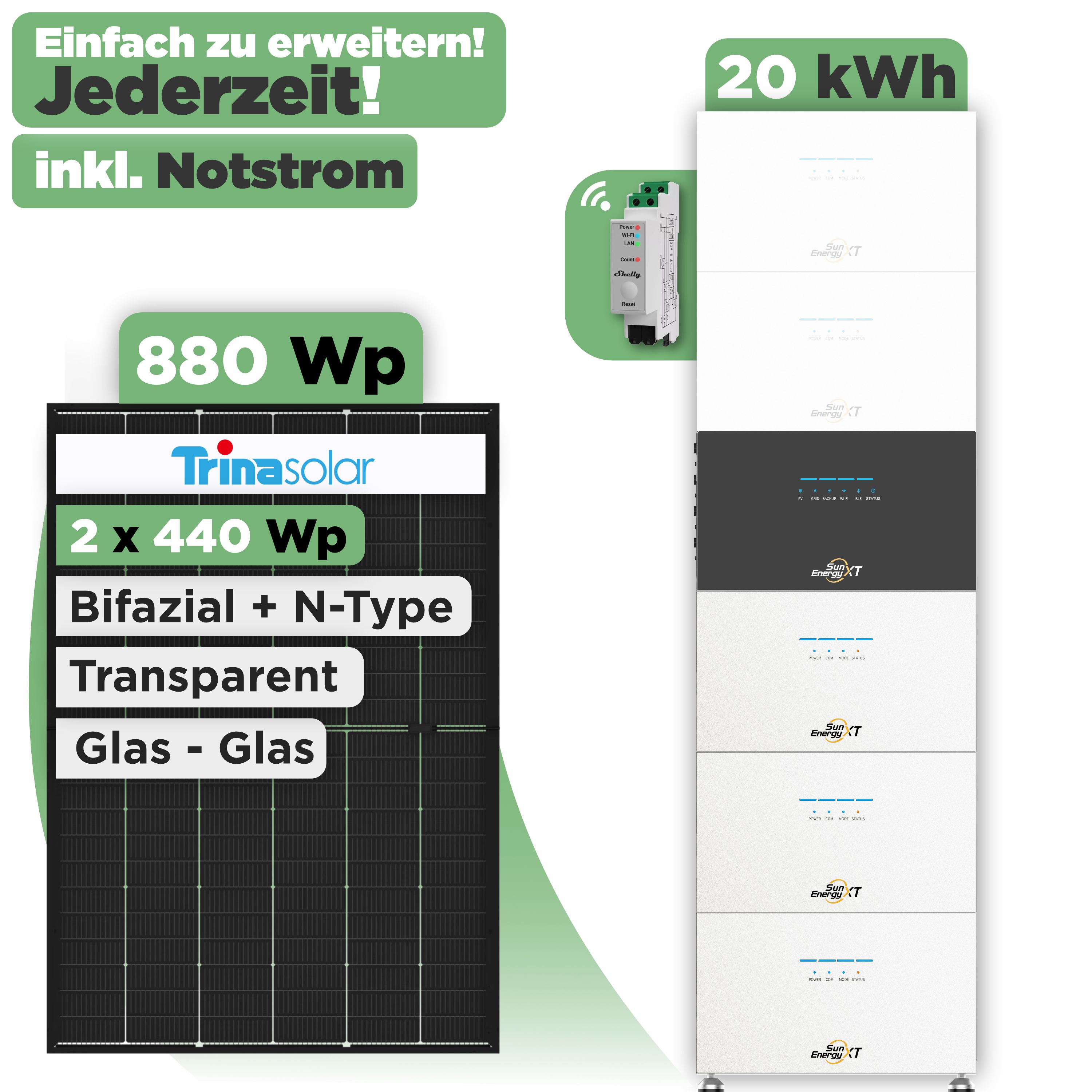 SunEnergyXT 500 Modulset 880 Wp SunEnergyXT 500 (800 W) / 20 kWh / Shelly 3EM Pro / Trina 440 Wp / 2 Module