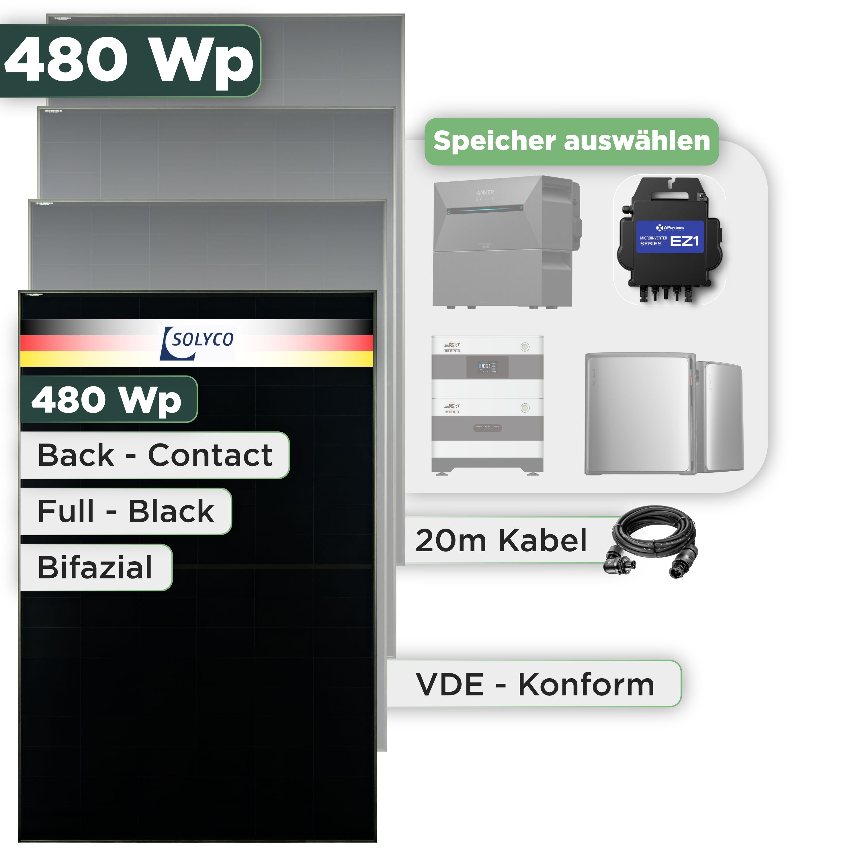 Balkonkraftwerk Set 480 Wp — Solyco 480 Wp Glas-Glas Fullblack Back Contact Modul  / 1 Modul / APSystems EZ1-M (bis 800 W) / Wieland Stecker / 20 m