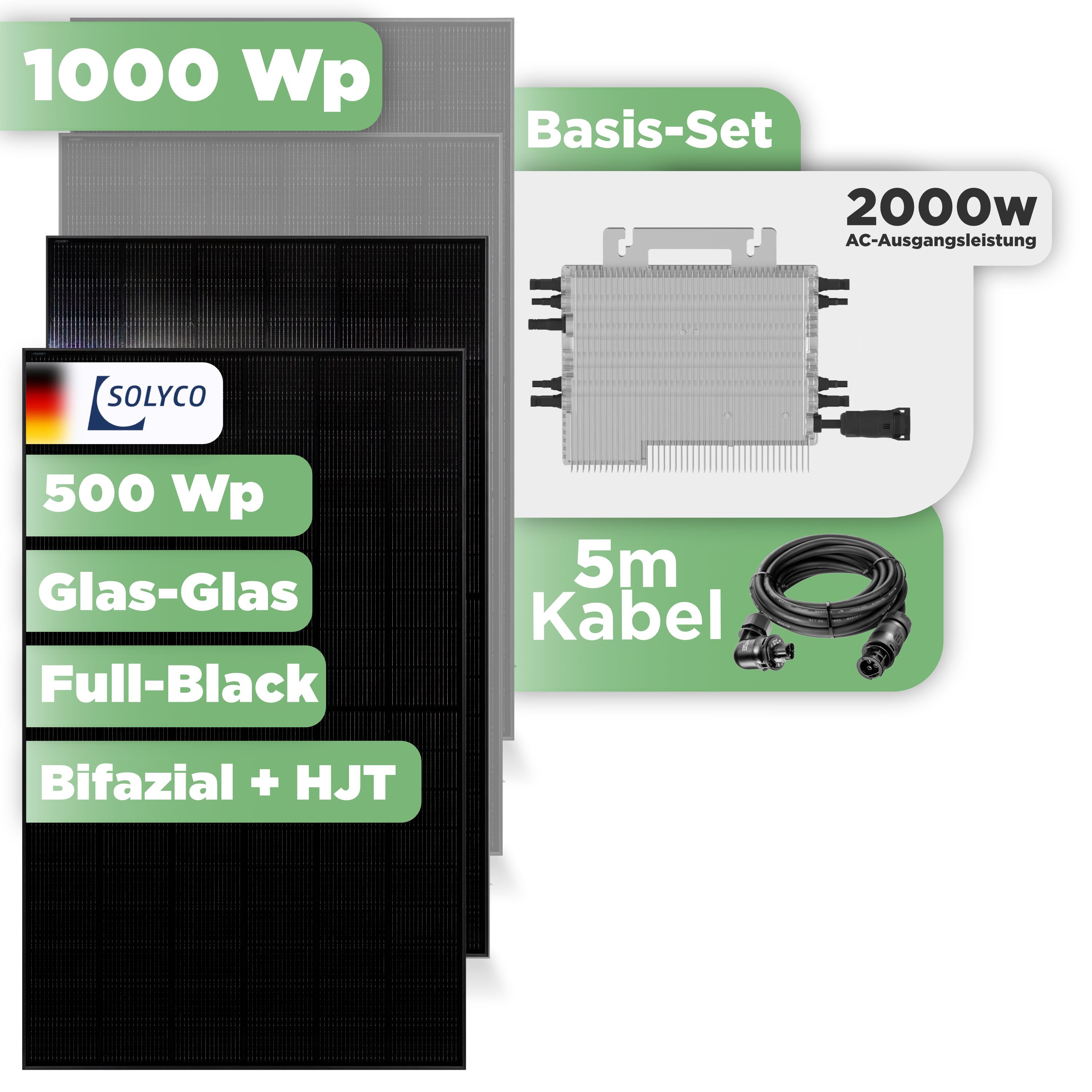 Balkonkraftwerk Basic Set 1000 Wp Solyco 500 Wp Glas-Glas Fullblack-Modul Bifazial / 2 Module / Deye 2000 W / Wieland Stecker