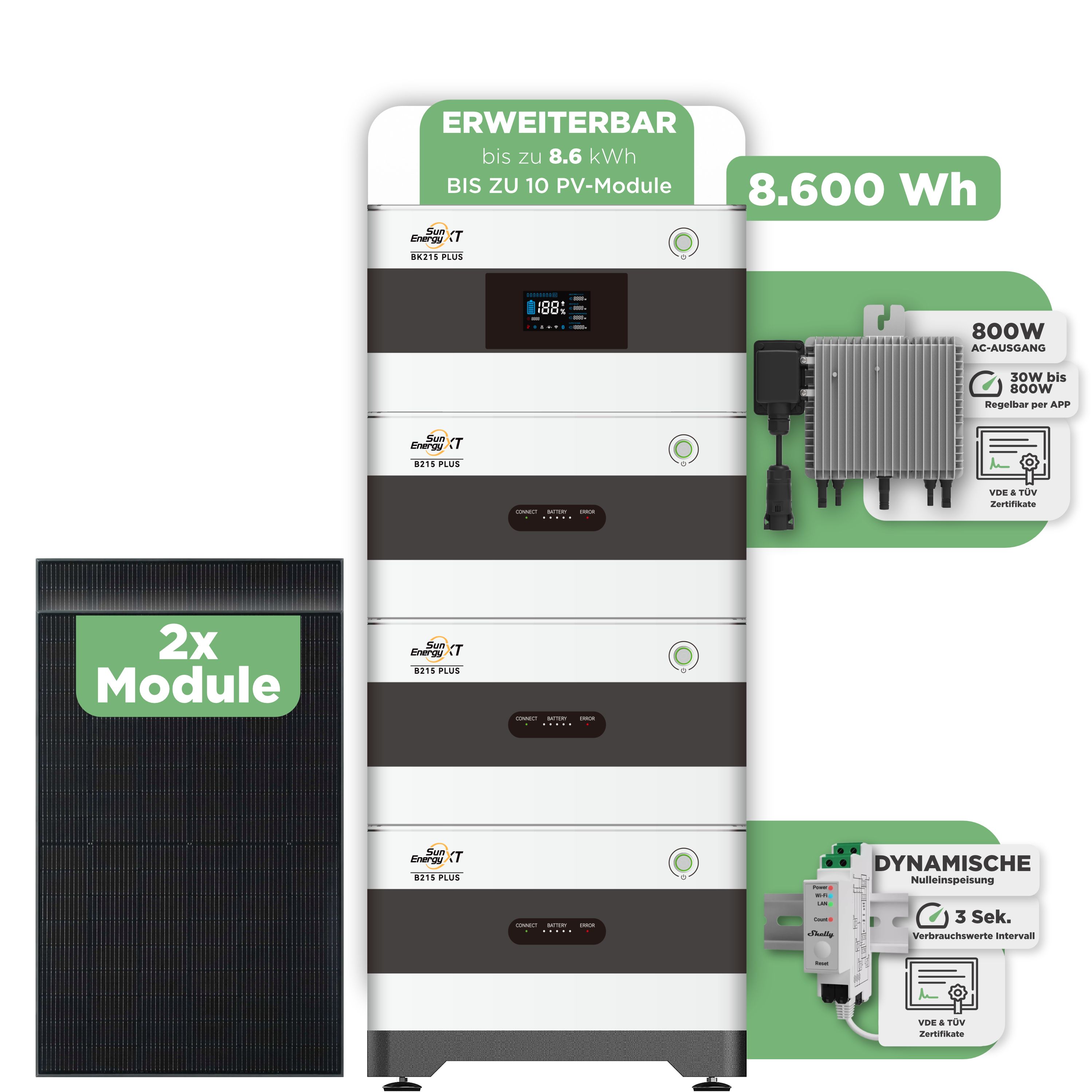SunEnergyXT BK215 Plus Balkonkraftwerkspeicher 8.600 Wh / mit Shelly 3EM Pro / 800 W (Deye-SUN-M)
