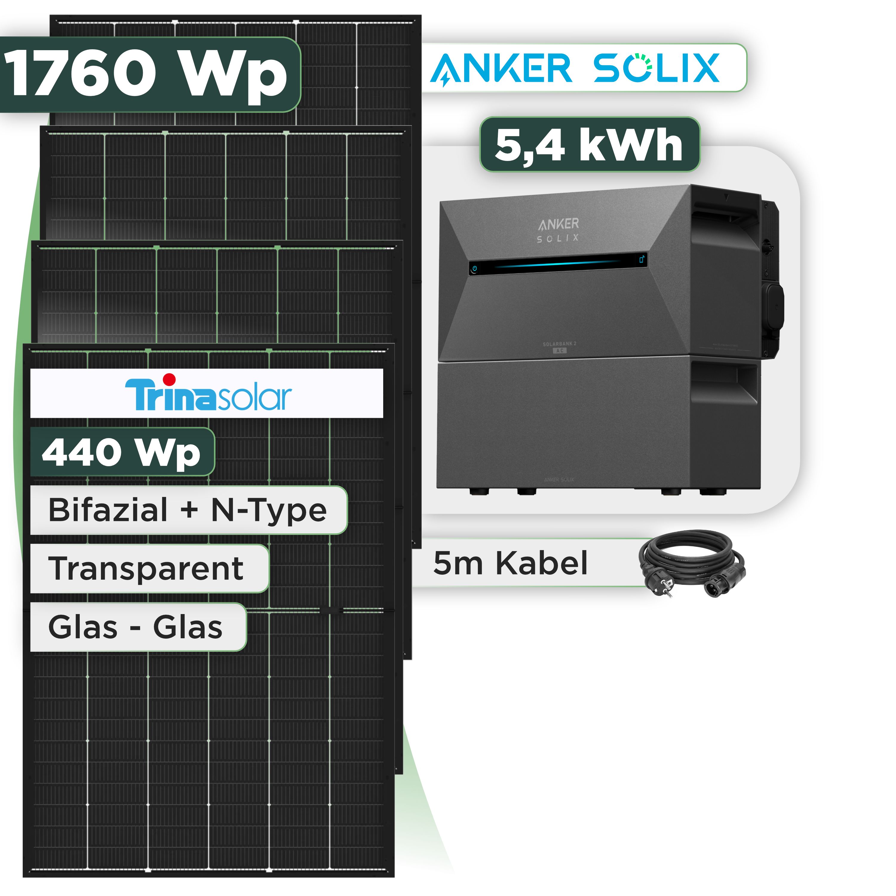 Balkonkraftwerk Set 1760 Wp Anker Solarbank 3 Pro / 5,4 kWh / Trina 440 Wp Glas-Glas Bifazial Modul / 4 Module / Schuko Stecker / 3 m