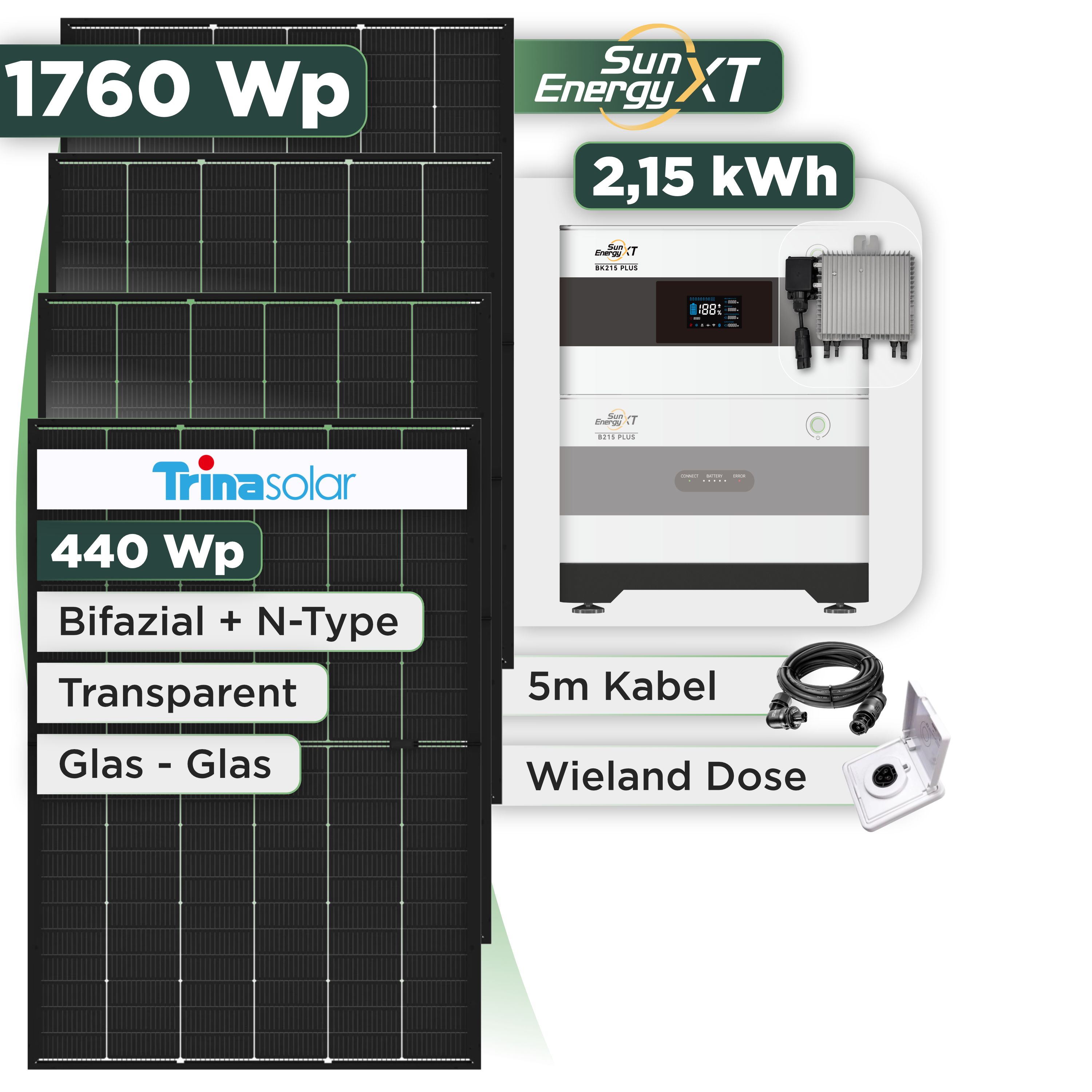 Balkonkraftwerk Set 1760 Wp SunEnergyXT Plus / 2,15 kWh / Trina 440 Wp Glas-Glas Bifazial Modul / 4 Module / Deye 800 W / Wieland Stecker + Dose