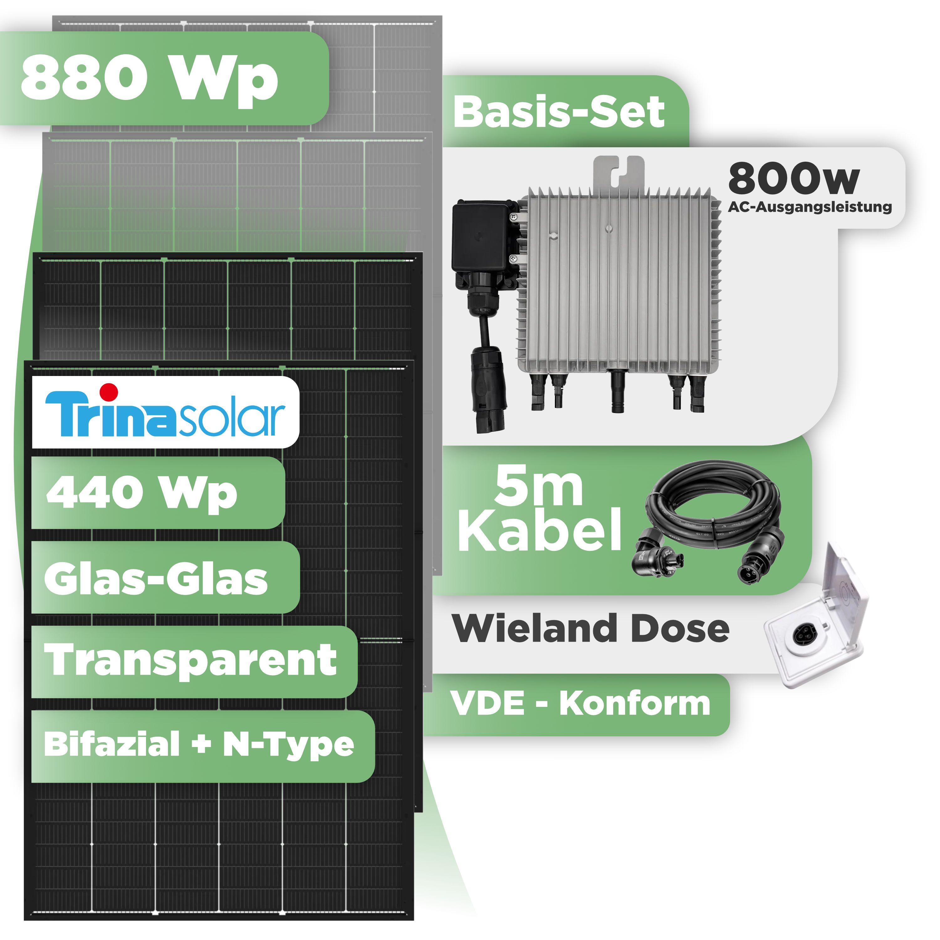 Balkonkraftwerk Basic Set 880 Wp Trina 440 Wp Glas-Glas Bifazial Modul / 2 Module / Deye 800 W / Wieland Stecker + Dose