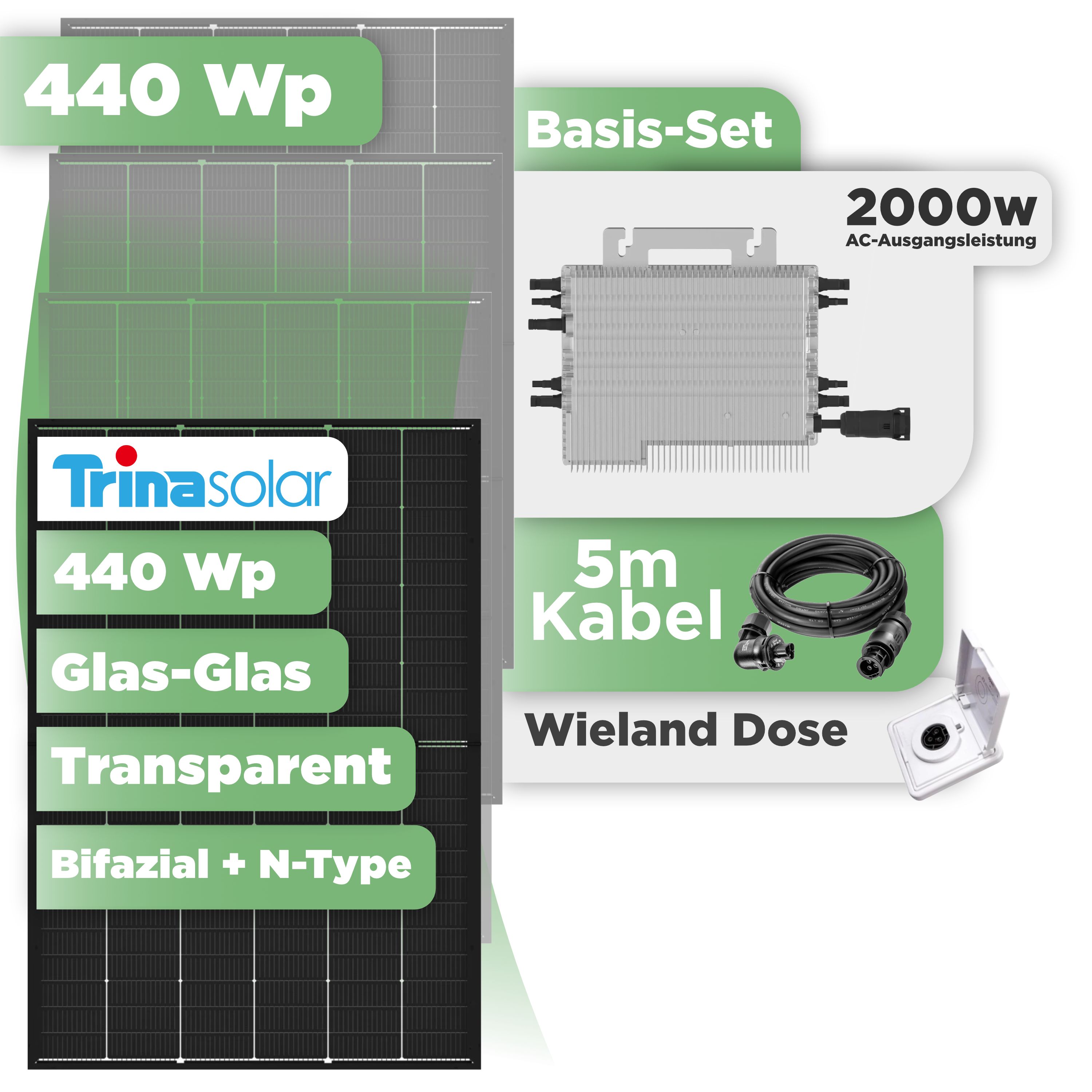 Balkonkraftwerk Basic Set 440 Wp Trina 440 Wp Glas-Glas Bifazial Modul / 1 Modul / Deye 2000 W / Wieland Stecker + Dose