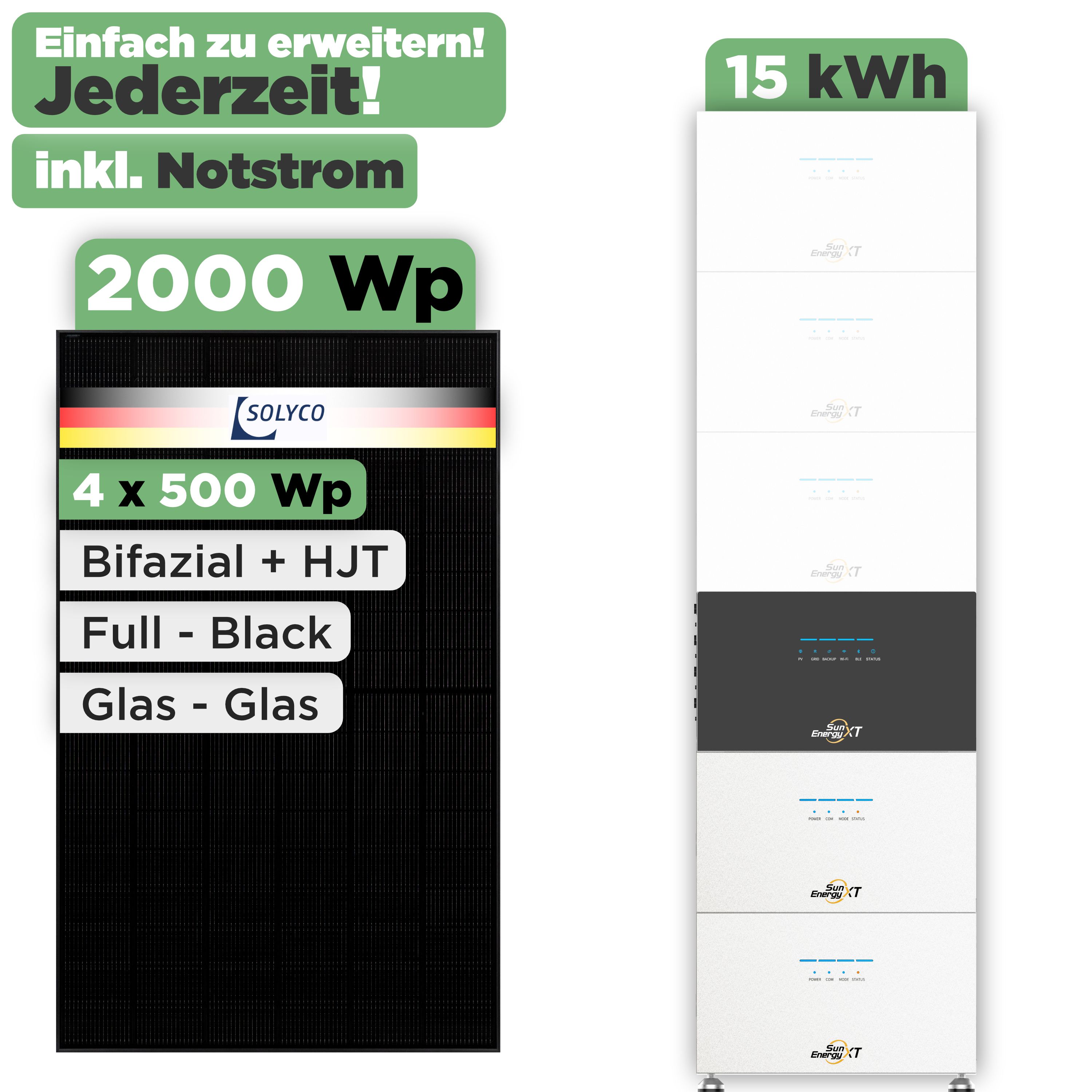 SunEnergyXT 500 Modulset 2000 Wp SunEnergyXT 500 (800 W) / 15 kWh / Solyco 500 Wp / 4 Module