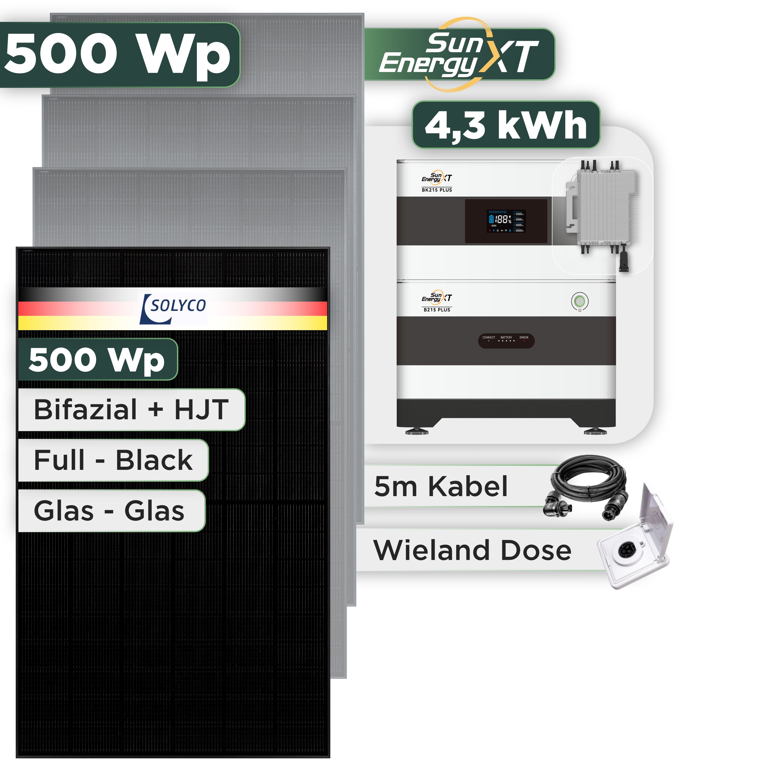 Balkonkraftwerk Set 500 Wp SunEnergyXT Plus / 4,3 kWh / Solyco 500 Wp Glas-Glas Fullblack-Modul Bifazial / 1 Modul / Deye 2000 W / Wieland Stecker + Dose