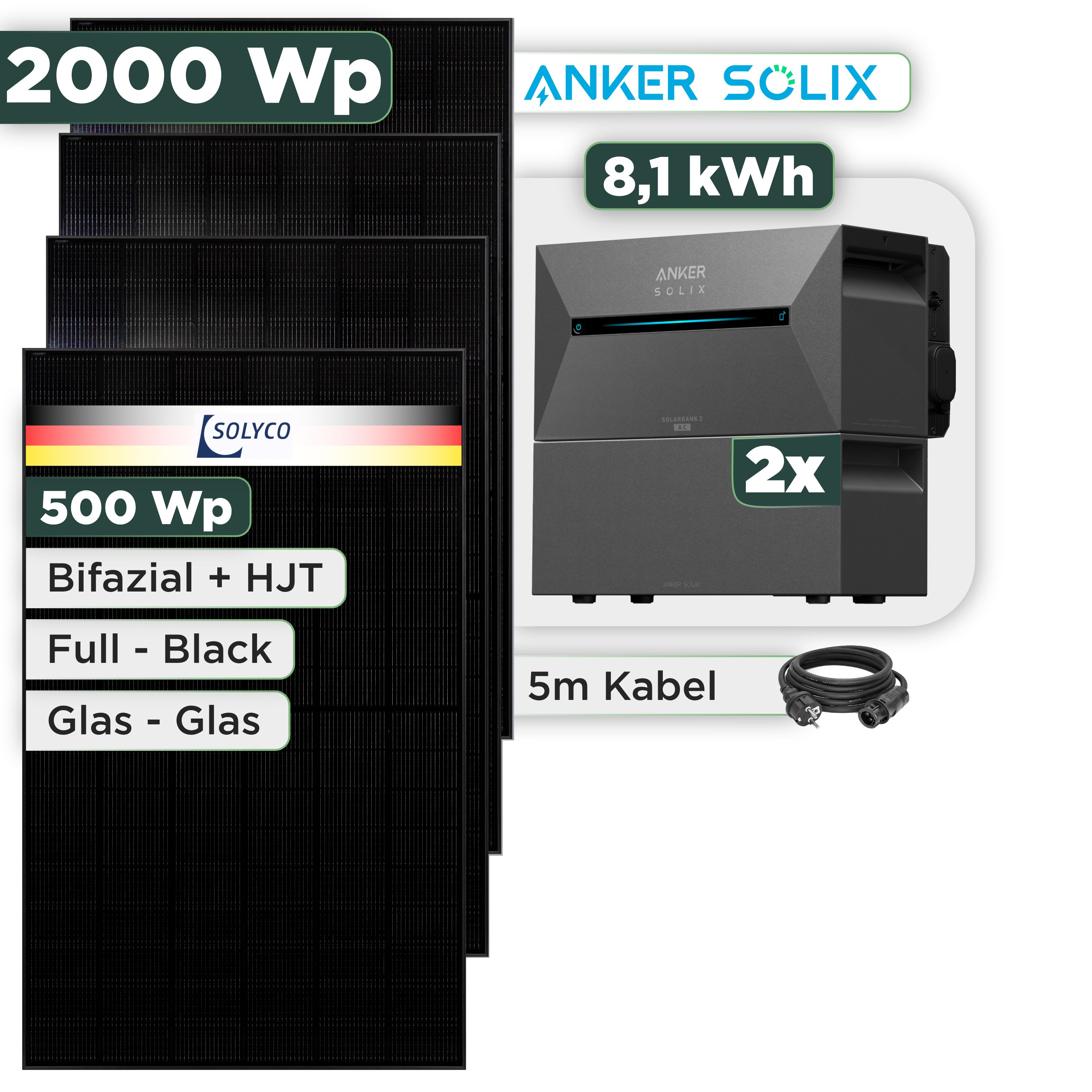 Balkonkraftwerk Set 2000 Wp Anker Solarbank 3 Pro / 8,1 kWh / Solyco 500 Wp Glas-Glas Fullblack-Modul Bifazial / 4 Module / Schuko Stecker / 3 m