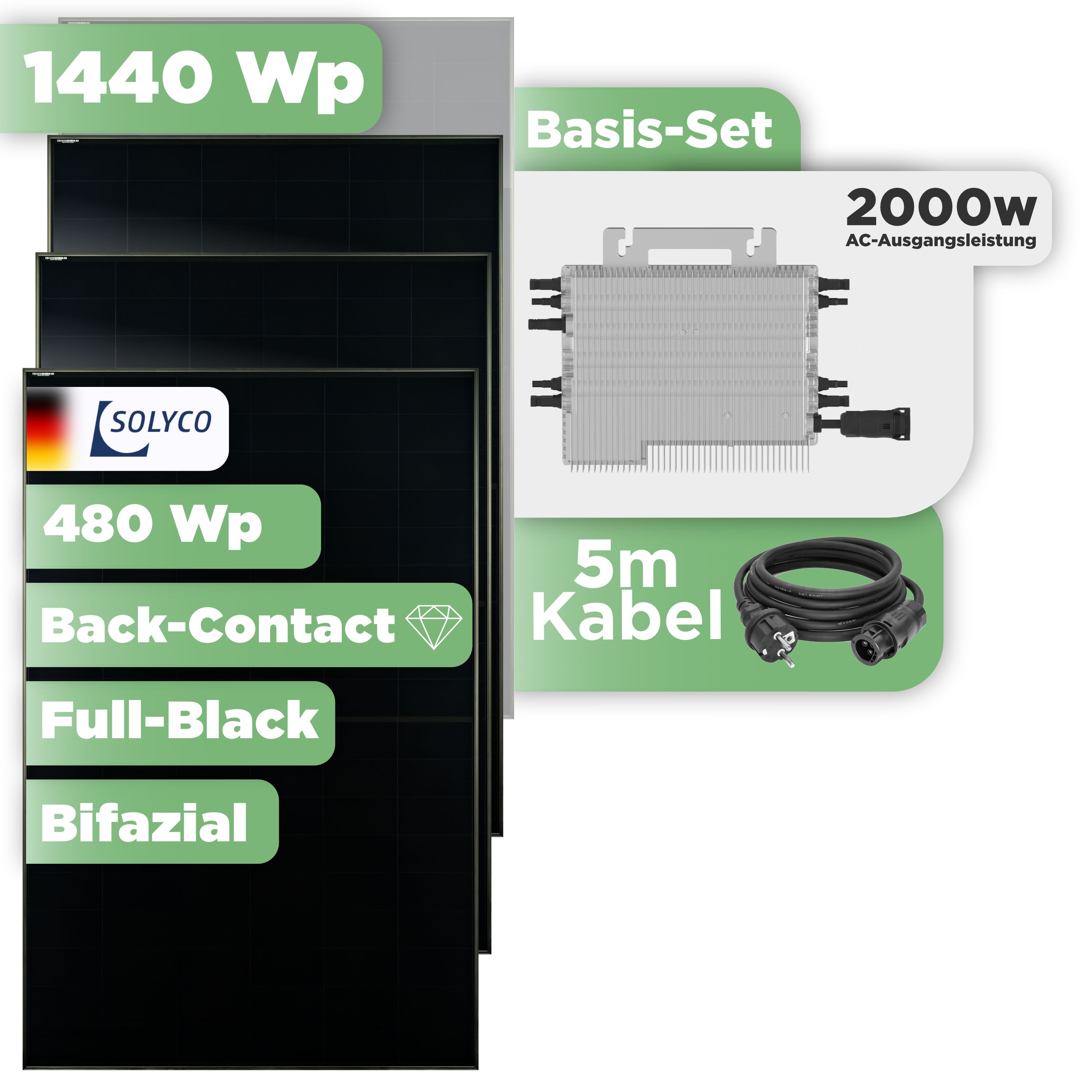 Balkonkraftwerk Basic Set 1440 Wp Solyco 480 Wp Glas-Glas Fullblack Back Contact Modul / 3 Module / Deye 2000 W / Schuko Stecker