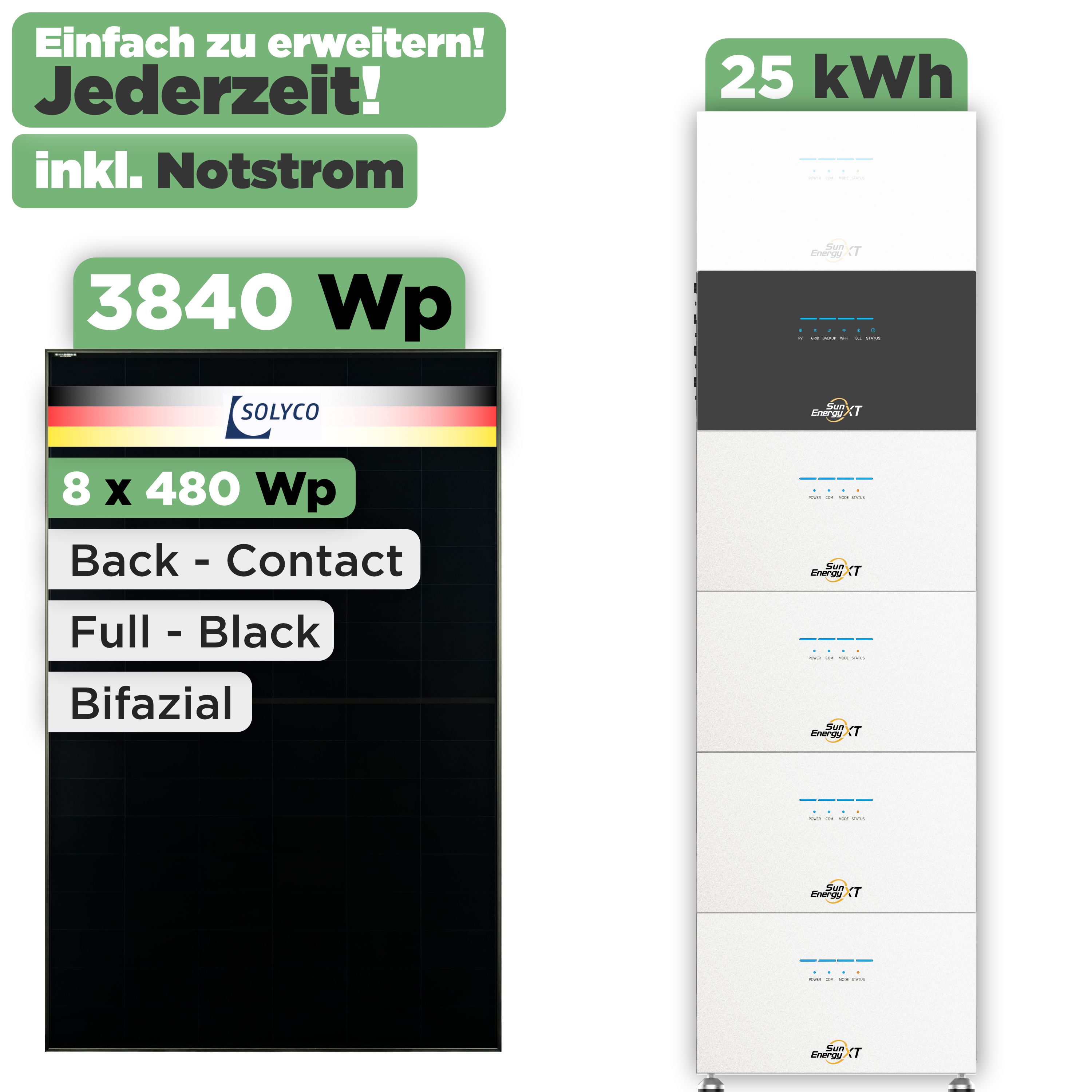 SunEnergyXT 500 Modulset 3840 Wp SunEnergyXT 500 (800 W) / 25 kWh / Solyco 480 Wp / 8 Module