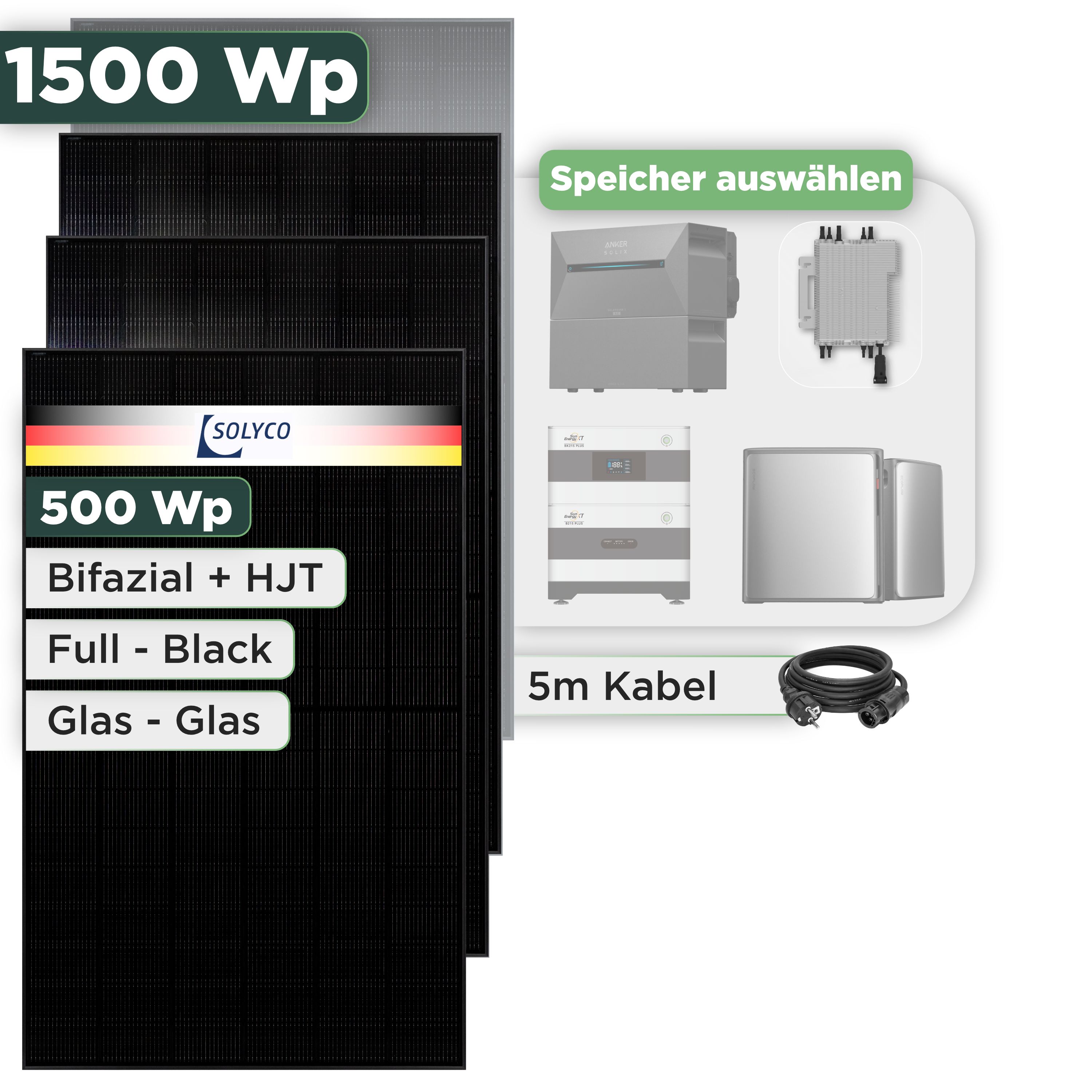 Balkonkraftwerk Set 1500 Wp Solyco 500 Wp Glas-Glas Fullblack-Modul Bifazial / 3 Module / Deye 2000 W / Schuko Stecker