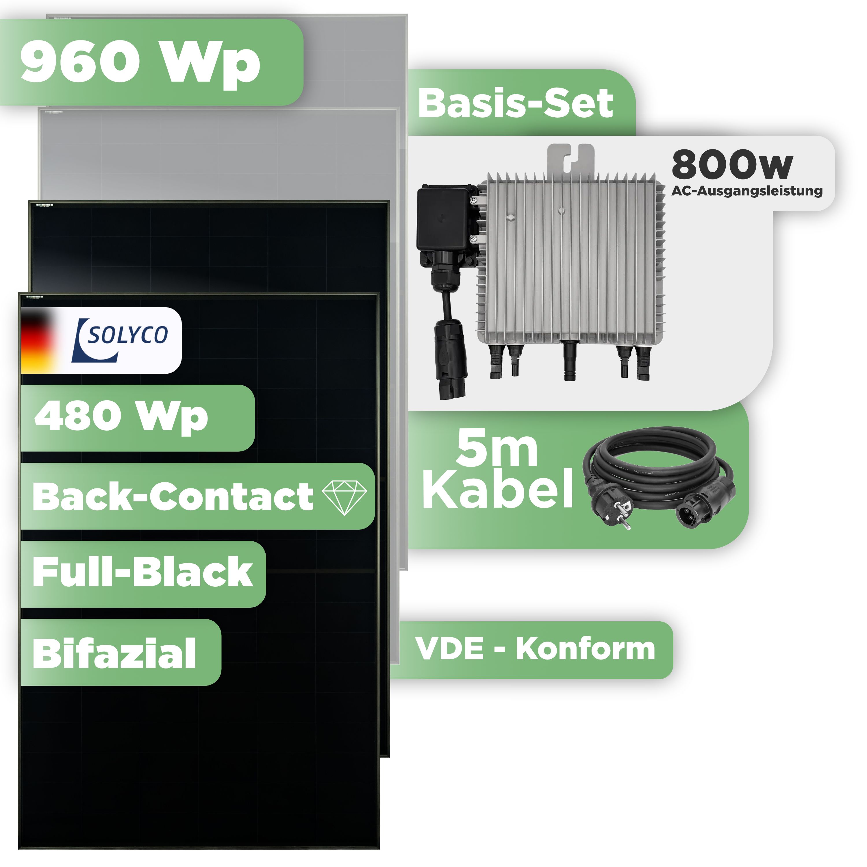 Balkonkraftwerk Basic Set 960 Wp — Solyco 480 Wp Glas-Glas Fullblack Back Contact Modul  / 2 Module / Deye 800 W / Schuko Stecker / 5 m
