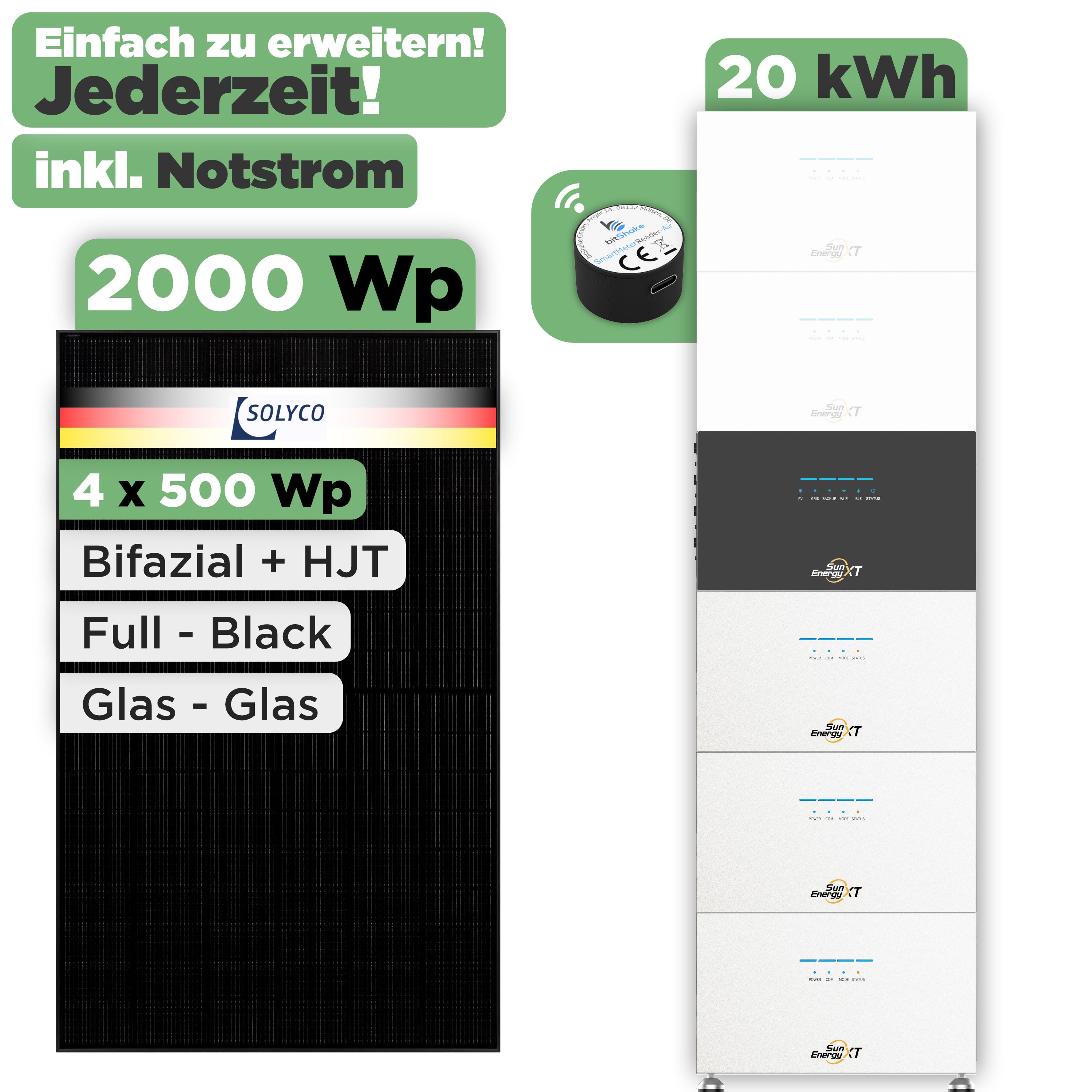 SunEnergyXT 500 Modulset 2000 Wp SunEnergyXT 500 Pro (2400 W) / 20 kWh / IR Lesekopf / Solyco 500 Wp / 4 Module