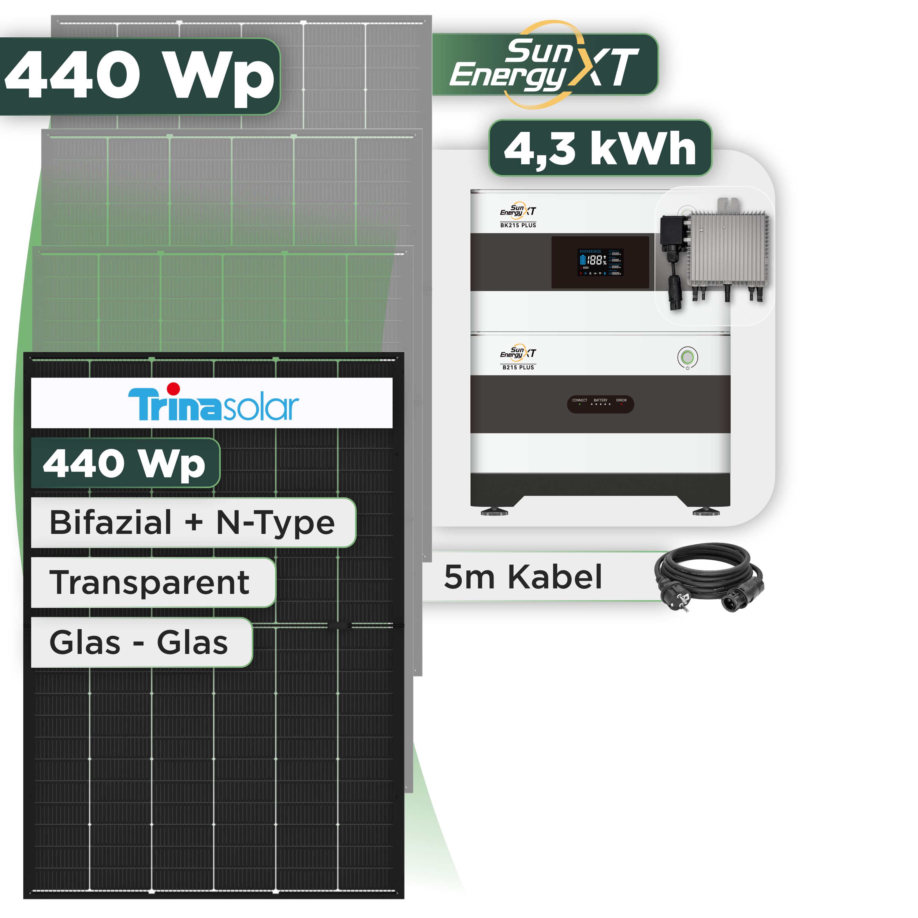 Balkonkraftwerk Set 440 Wp SunEnergyXT Plus / 4,3 kWh / Trina 440 Wp Glas-Glas Bifazial Modul / 1 Modul / Deye 800 W / Schuko Stecker