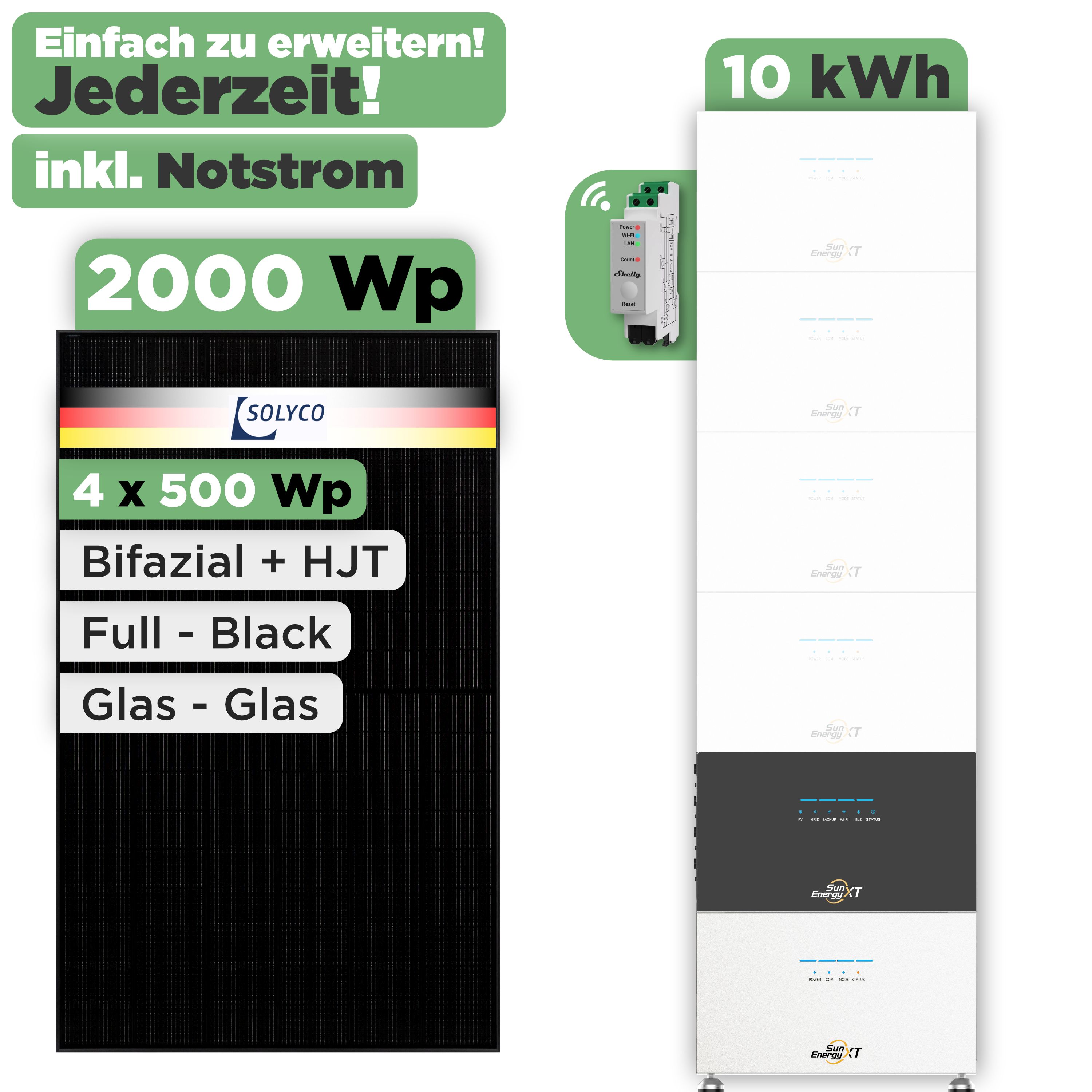 SunEnergyXT 500 Modulset 2000 Wp SunEnergyXT 500 Pro (2400 W) / 10 kWh / Shelly 3EM Pro / Solyco 500 Wp / 4 Module