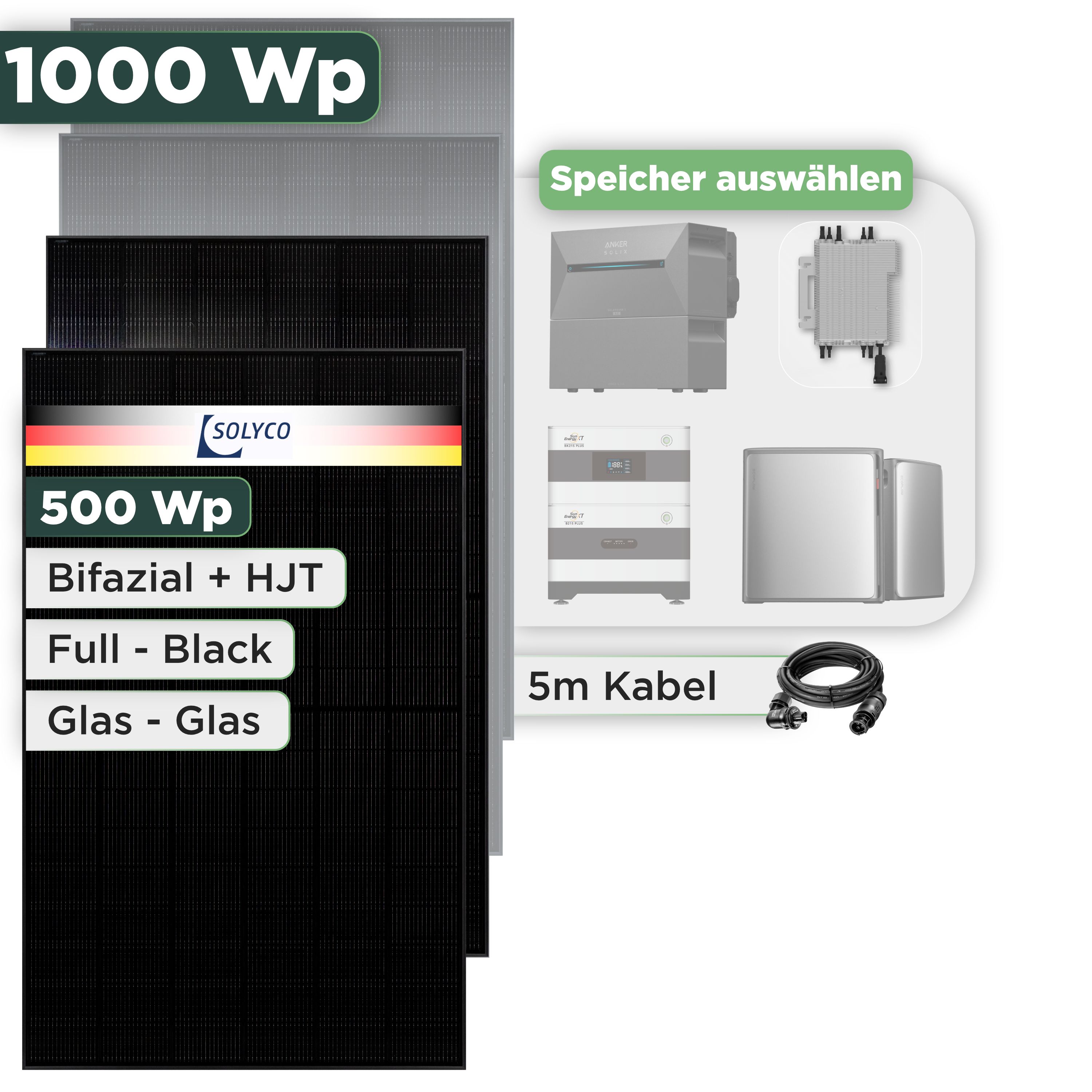 Balkonkraftwerk Set 1000 Wp Solyco 500 Wp Glas-Glas Fullblack-Modul Bifazial / 2 Module / Deye 2000 W / Wieland Stecker