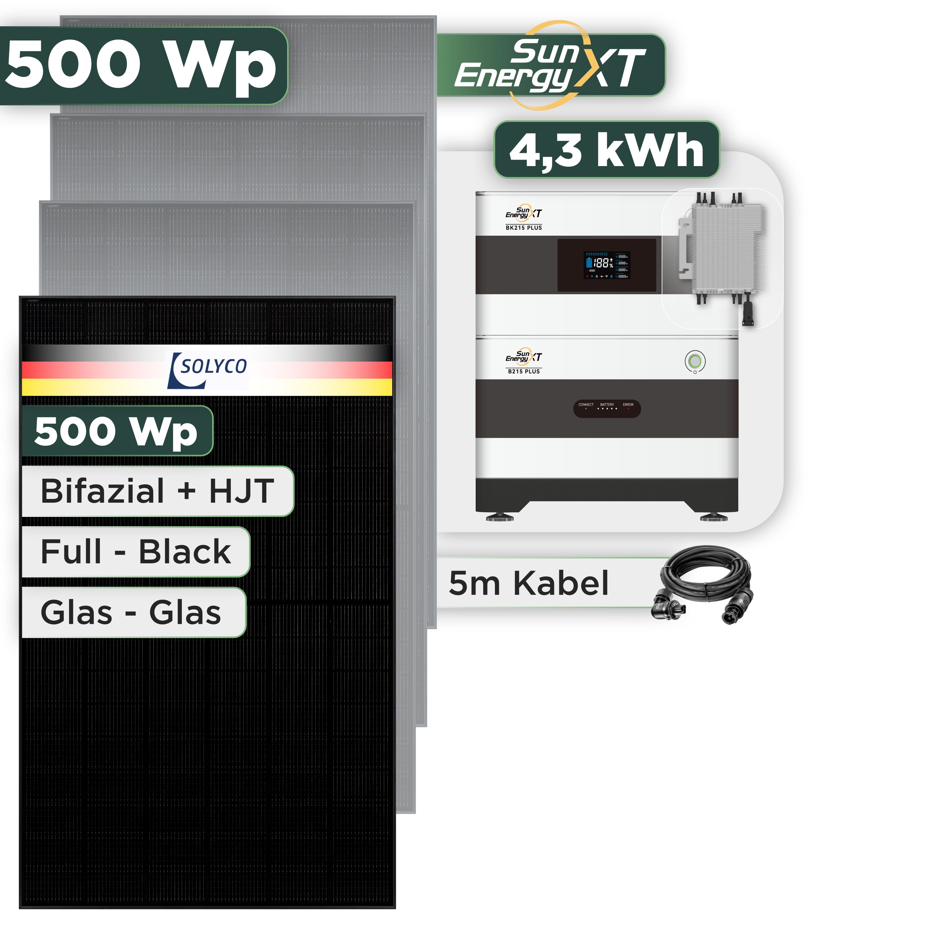 Balkonkraftwerk Set 500 Wp SunEnergyXT Plus / 4,3 kWh / Solyco 500 Wp Glas-Glas Fullblack-Modul Bifazial / 1 Modul / Deye 2000 W / Wieland Stecker